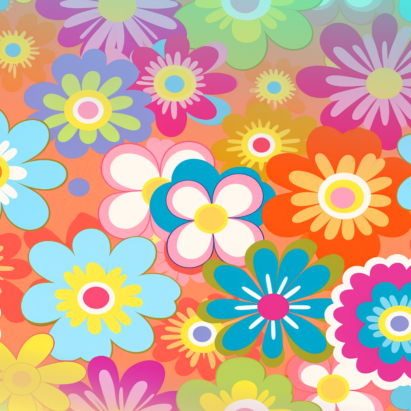Colorful floral pattern with various cartoon-style flowers on an orange background.