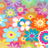 Colorful floral pattern with various cartoon-style flowers on an orange background.