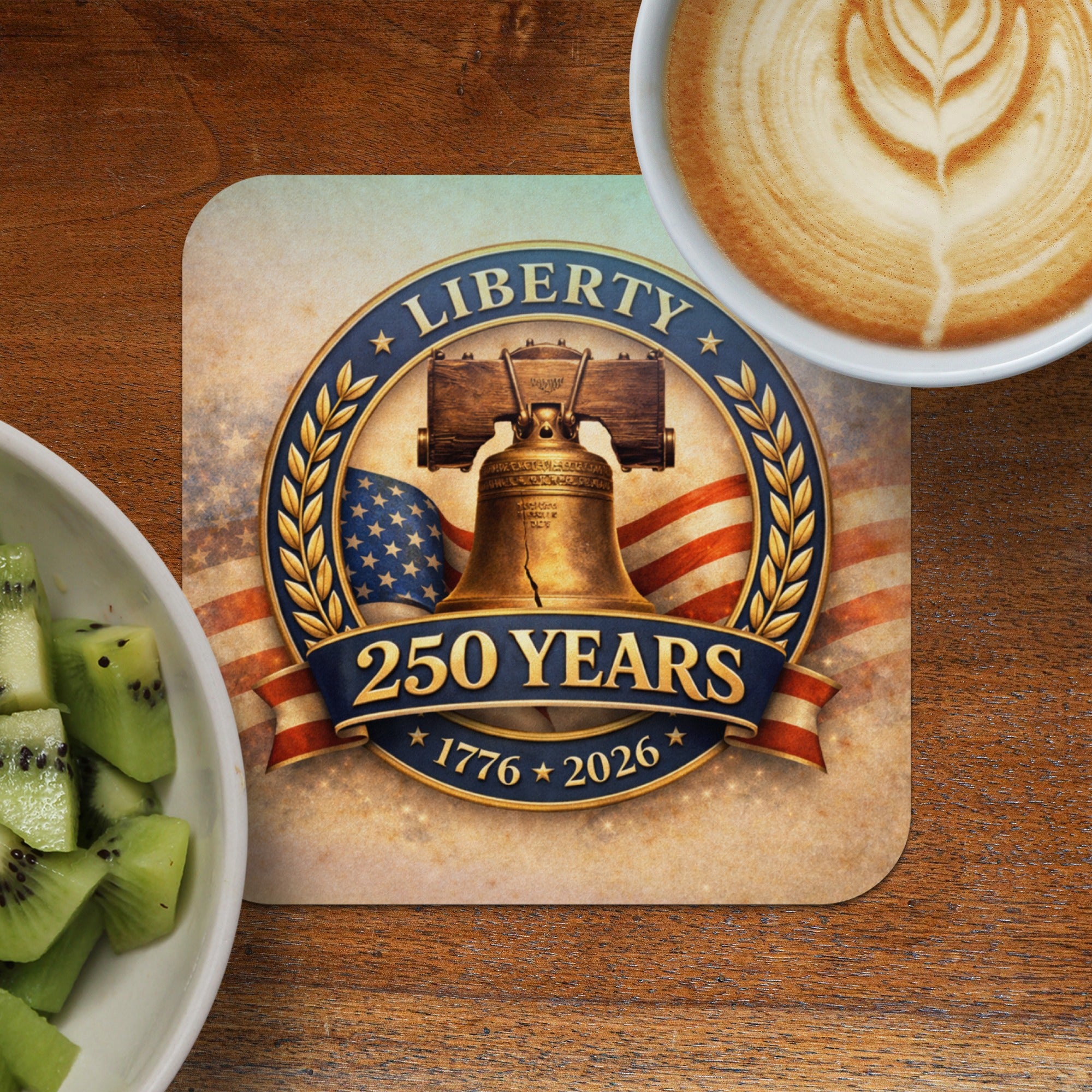 Liberty Bell 250 Years 1776-2026 patriotic coaster with coffee and kiwi.