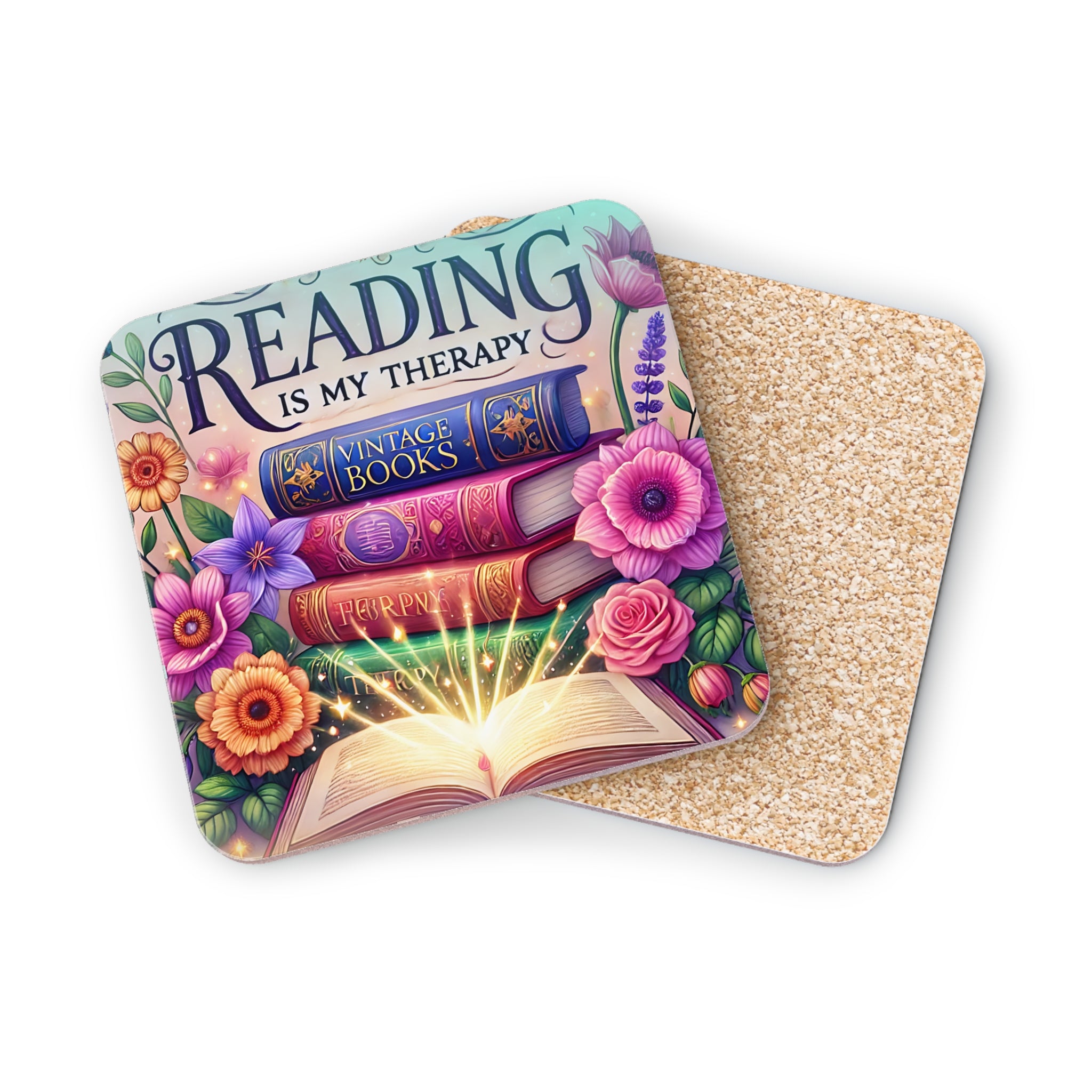Coaster with stack of vintage books and floral design, "Reading is my therapy" text.
