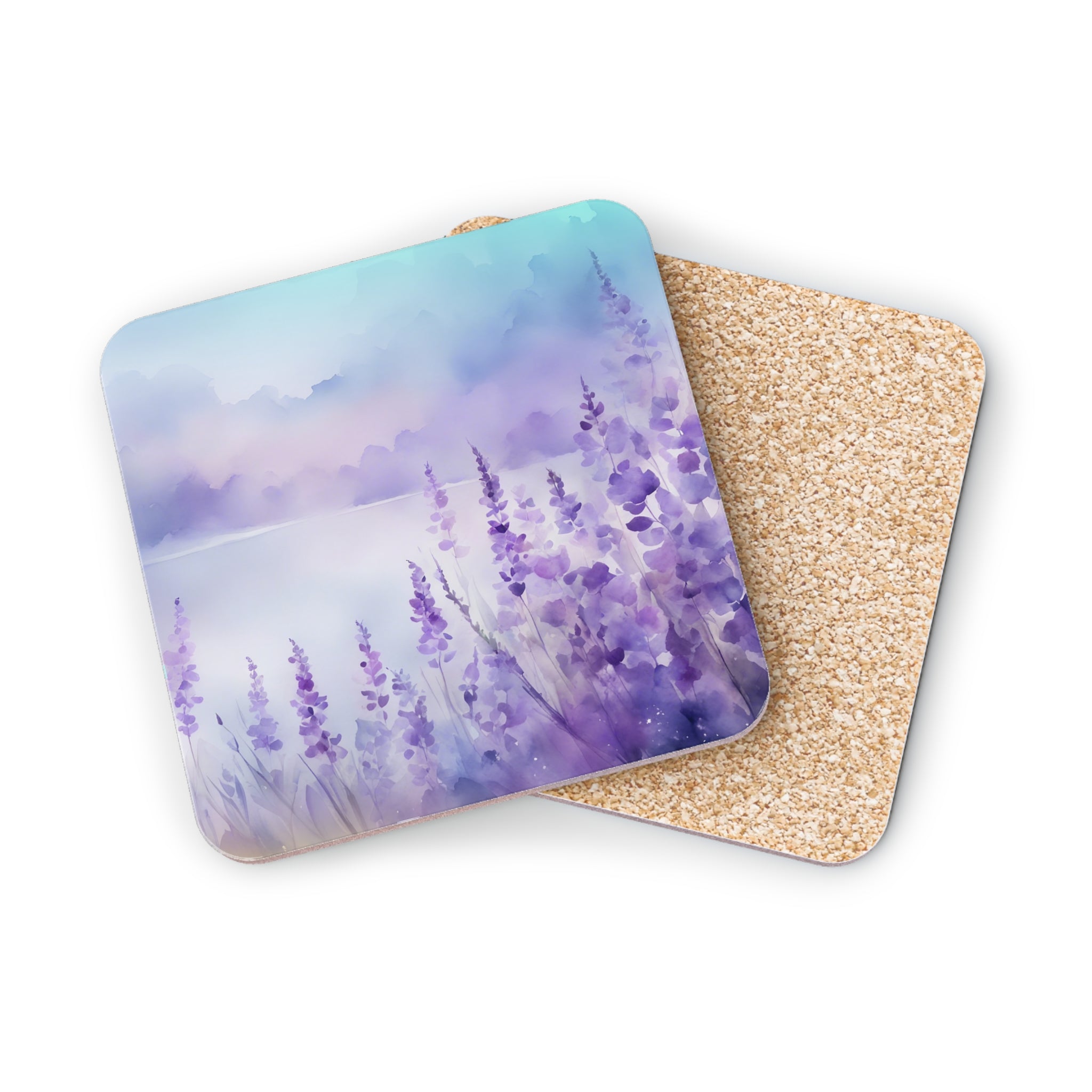 Two square coasters, one with a watercolor lavender field and a cloudy sky.