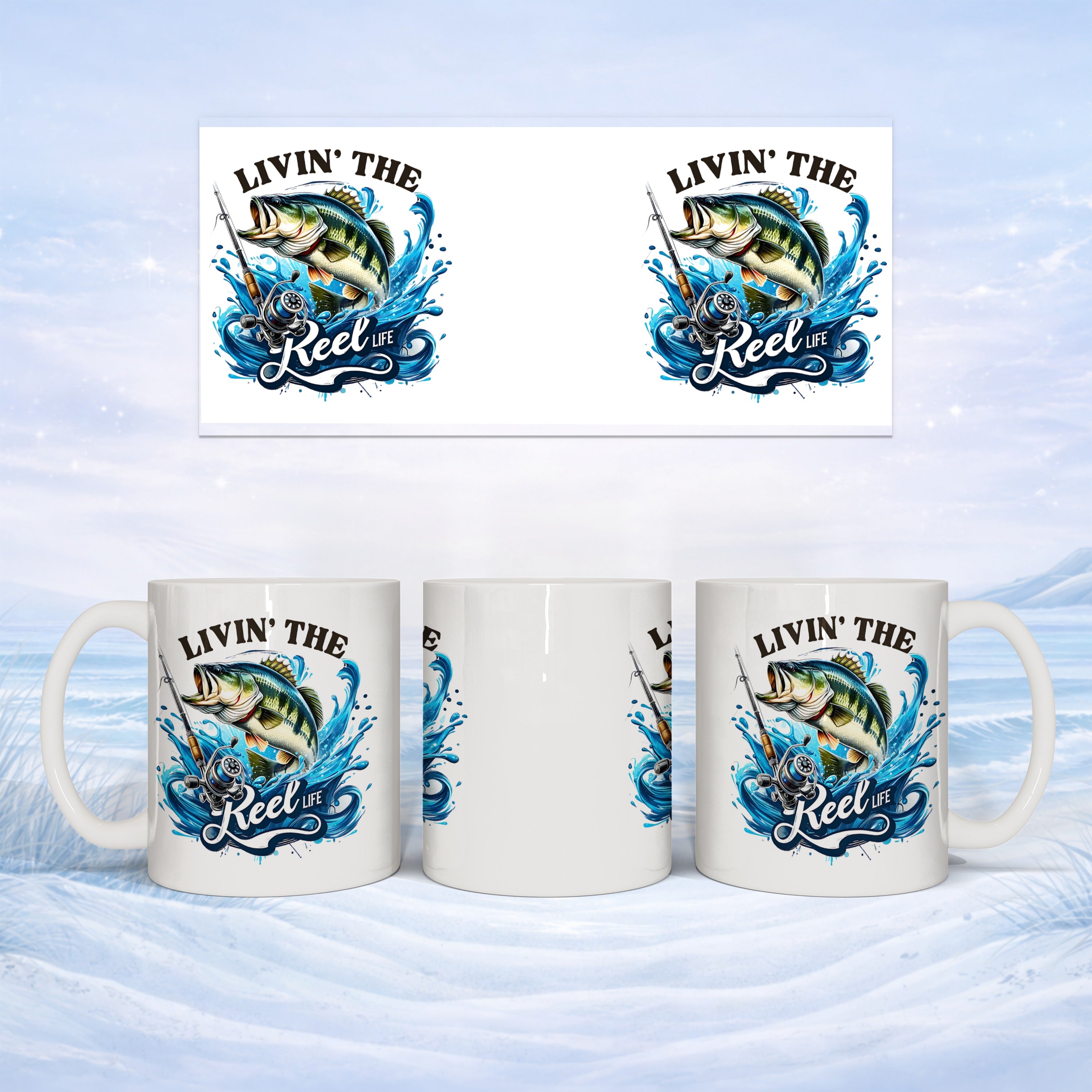 Mug with "Livin' the Reel Life" fishing graphic, shown from multiple angles.