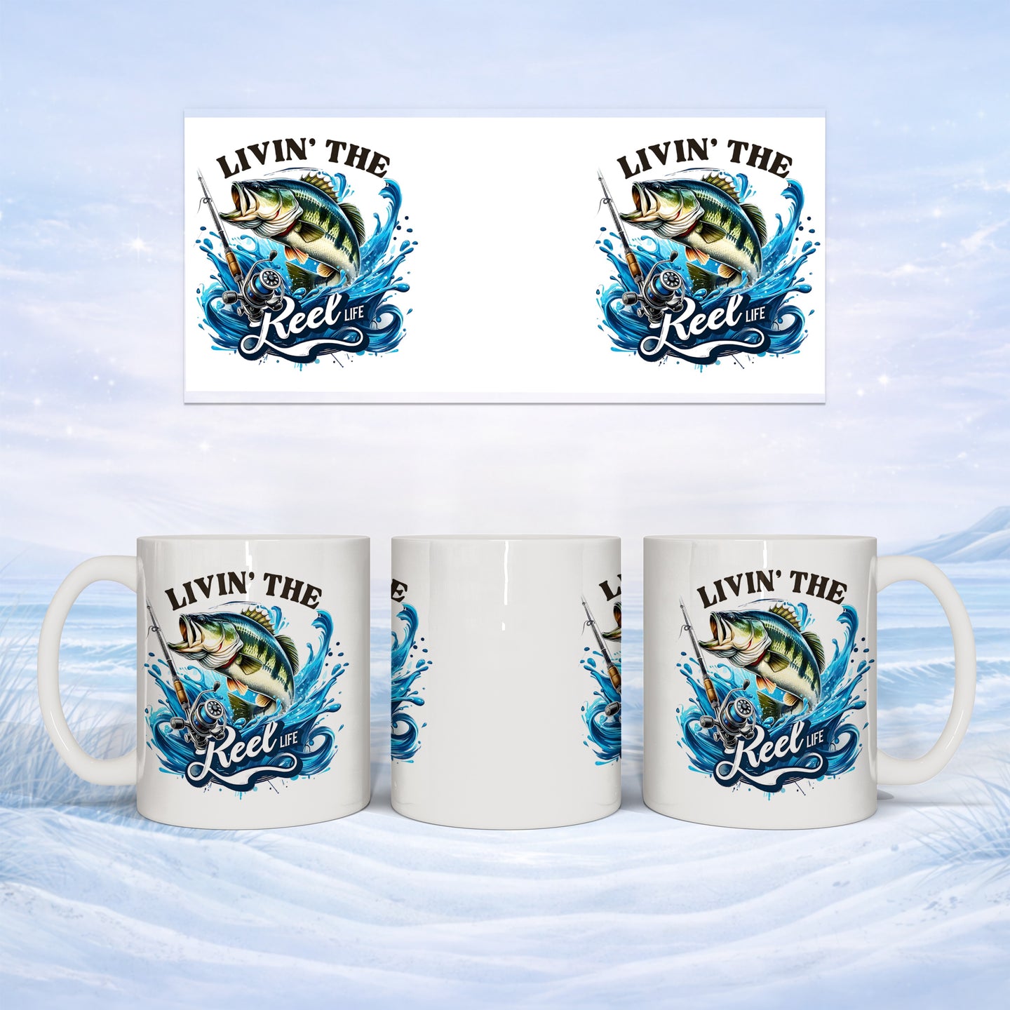 Mug with "Livin' the Reel Life" fishing graphic, shown from multiple angles.
