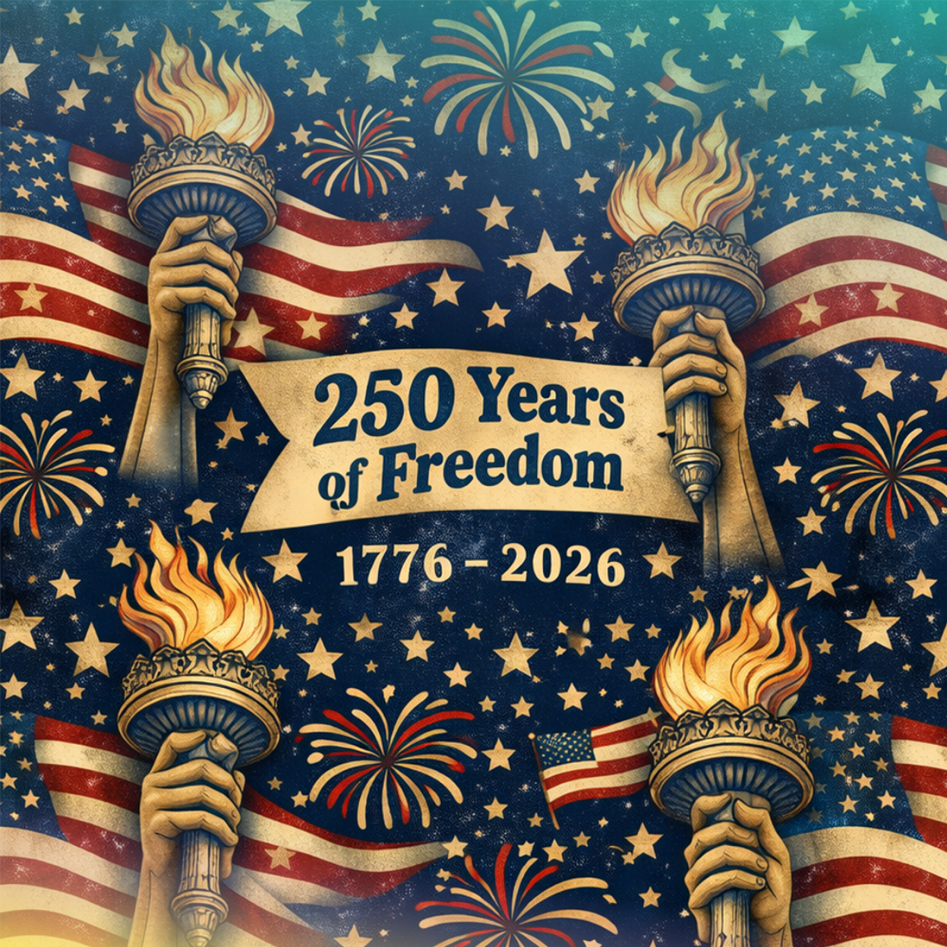 Four torches held aloft against an American flag background with fireworks and stars.