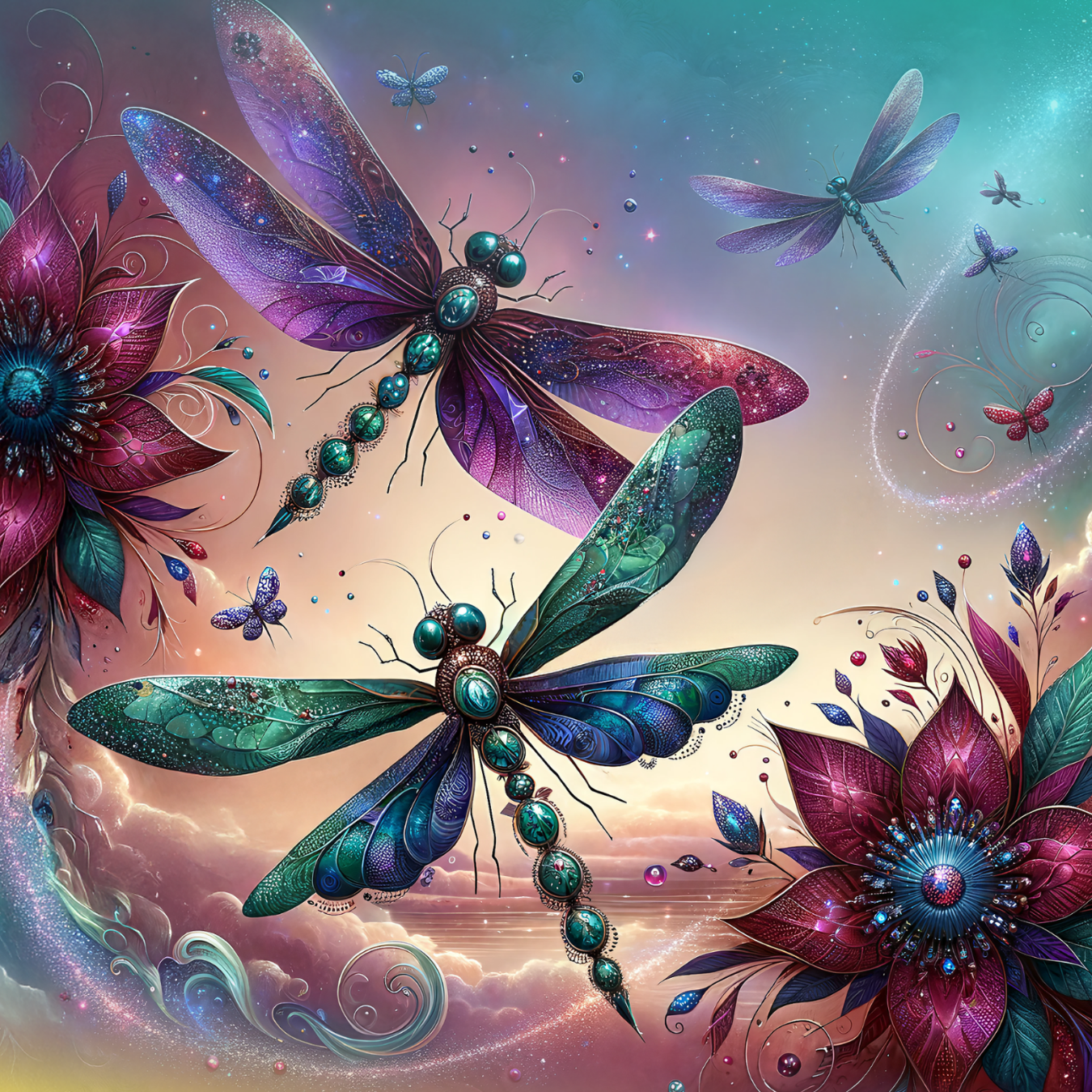 Two large, iridescent dragonflies surrounded by glowing flowers and small butterflies.