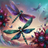 Two large, iridescent dragonflies surrounded by glowing flowers and small butterflies.