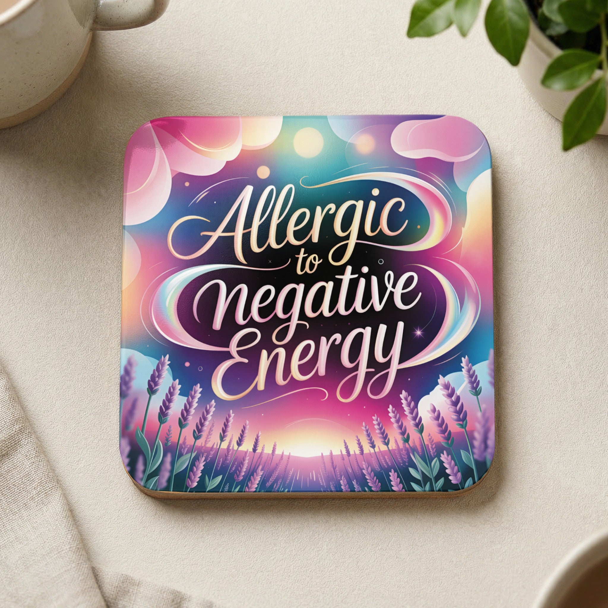 Coaster with "Allergic to Negative Energy" text over lavender field and rainbow sky.