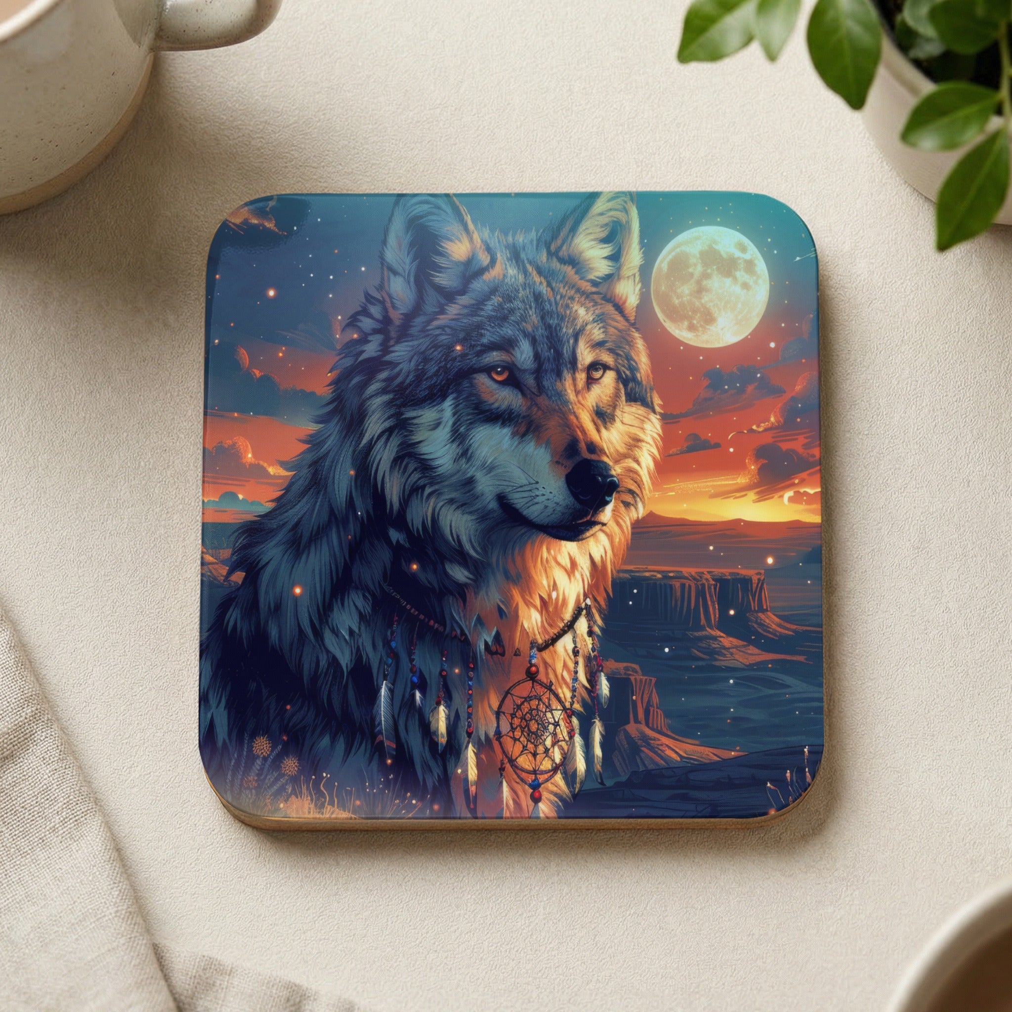 Wolf with dreamcatcher necklace on desert landscape at sunset under full moon.