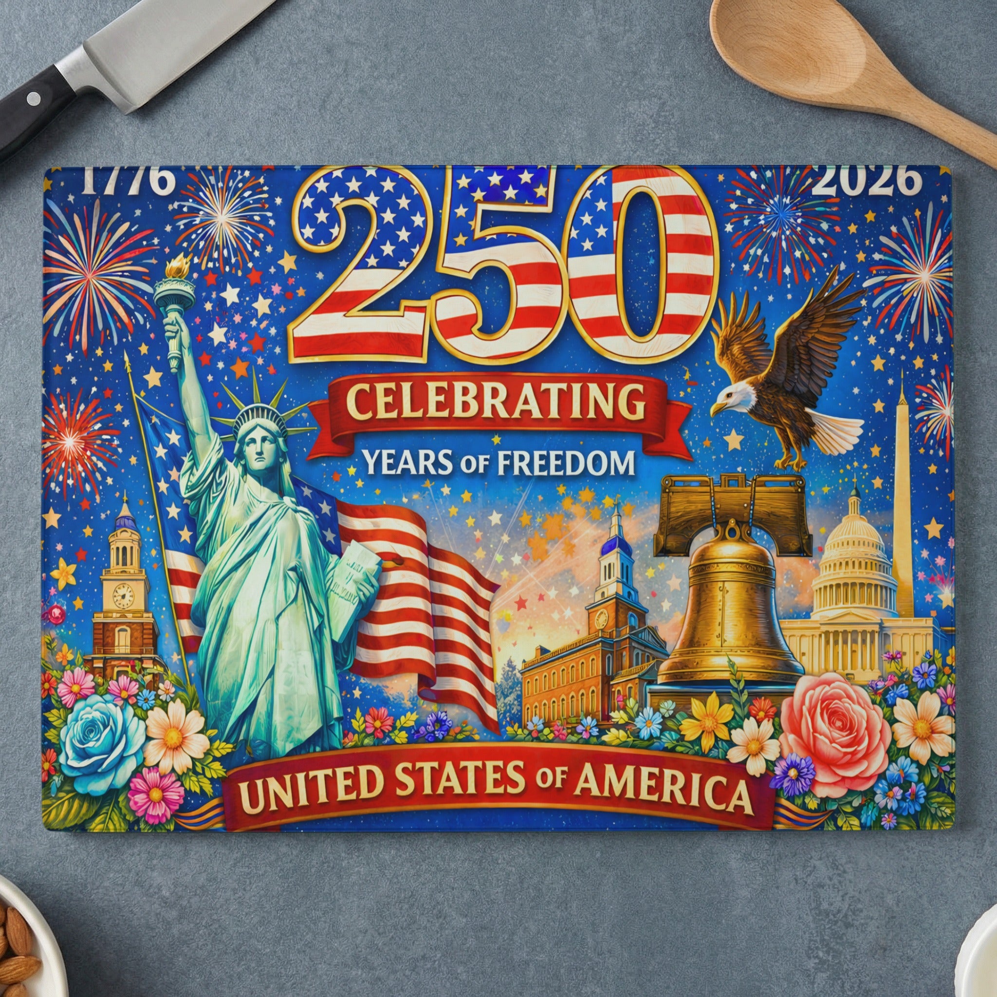 Cutting board with Statue of Liberty, Liberty Bell, eagle, and fireworks.