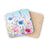 Two floral coasters with pink, blue, and purple flowers and a cork backing.