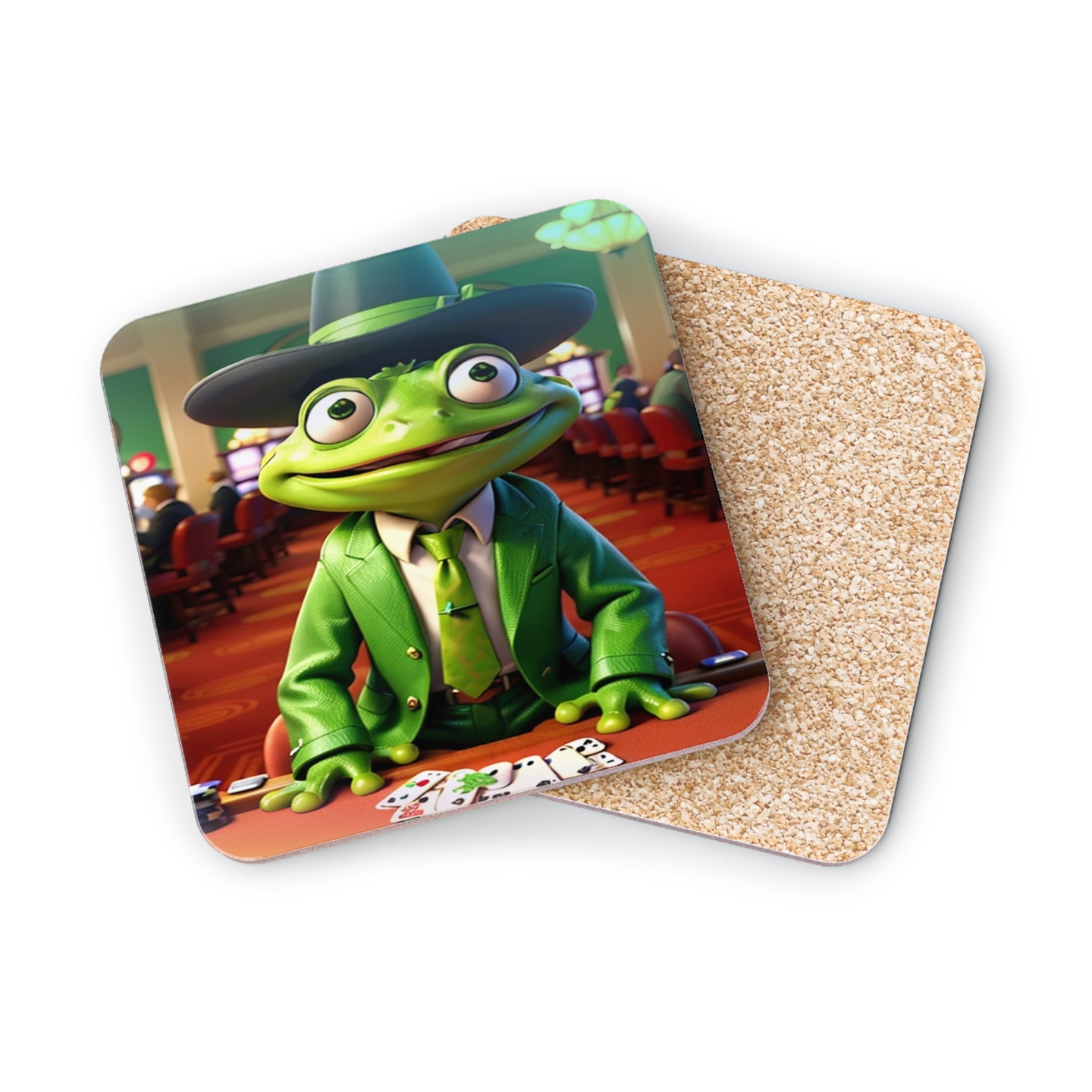 Cartoon frog in suit and hat at a casino table with cards.