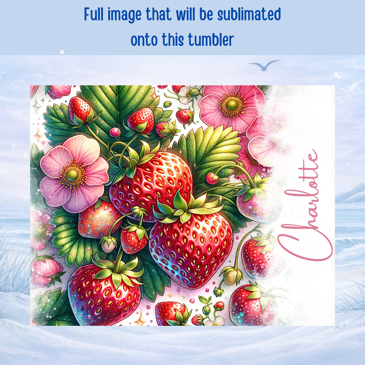 Strawberries and pink flowers with "Charlotte" text on a snowy background.