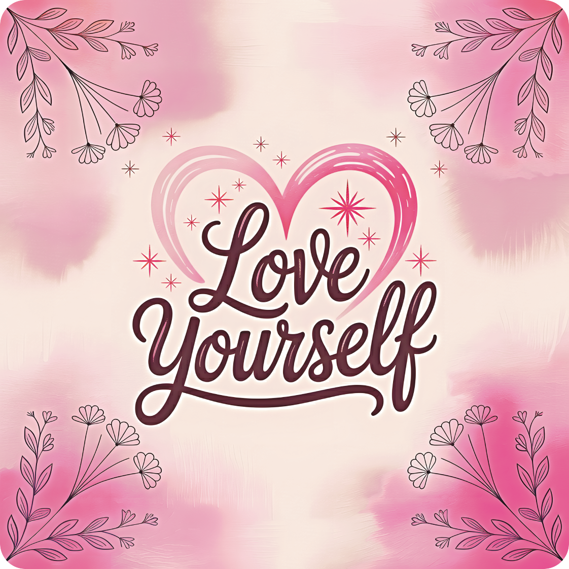 Pink heart with "Love Yourself" text, surrounded by floral designs.