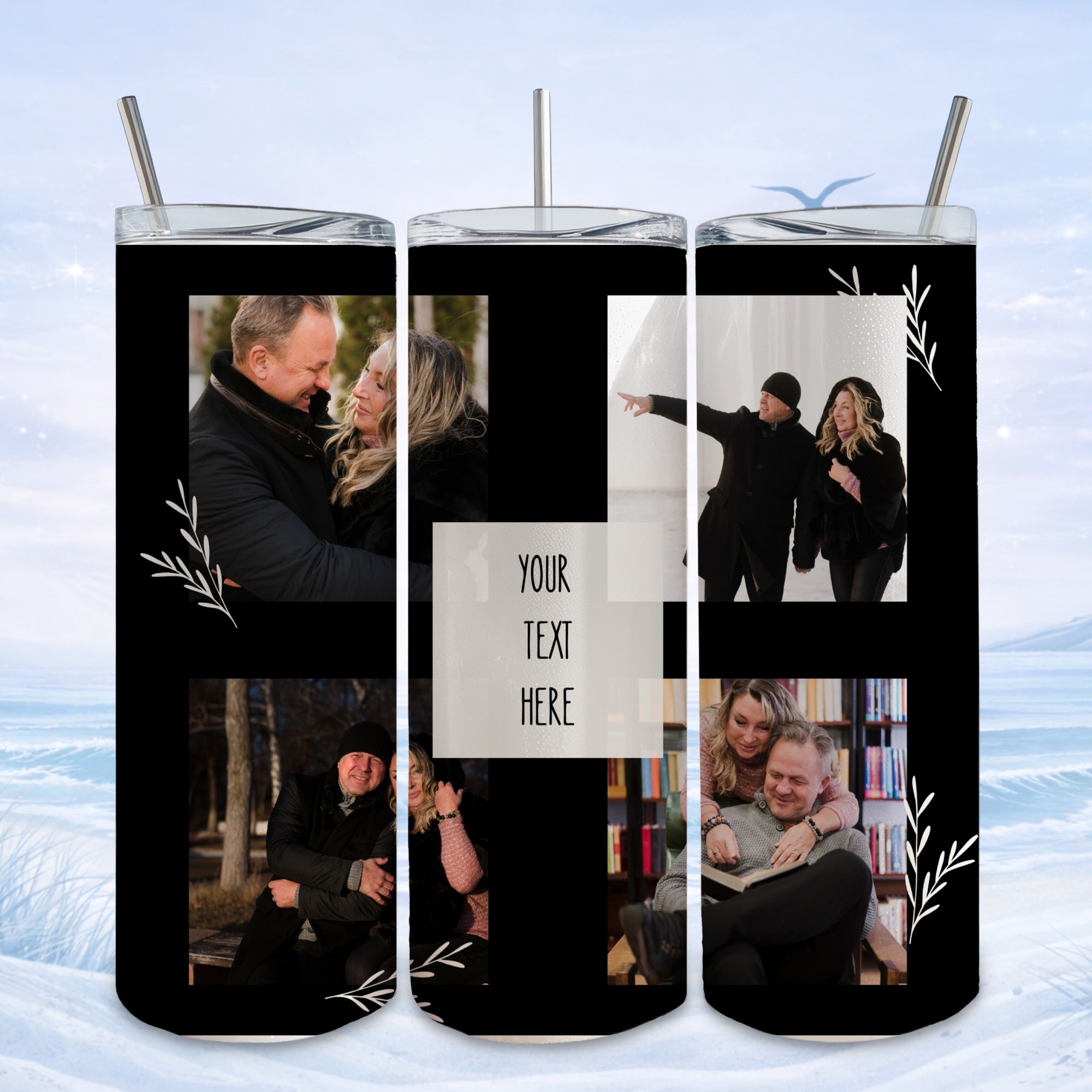 Three tumblers featuring couple photos and "YOUR TEXT HERE" placeholder.