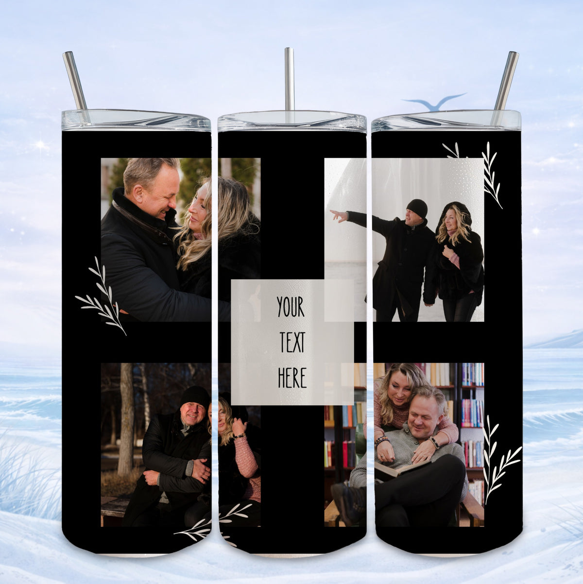 Three tumblers featuring couple photos and "YOUR TEXT HERE" placeholder.