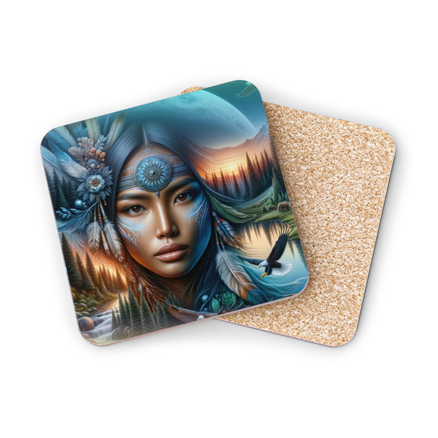 Native American woman with serene expression, surrounded by nature scene.