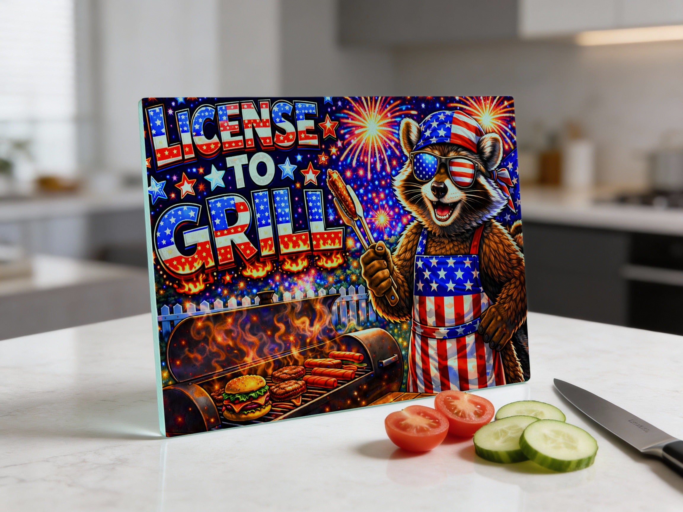 Grilling raccoon with American flag sunglasses and apron, holding tongs over a grill.