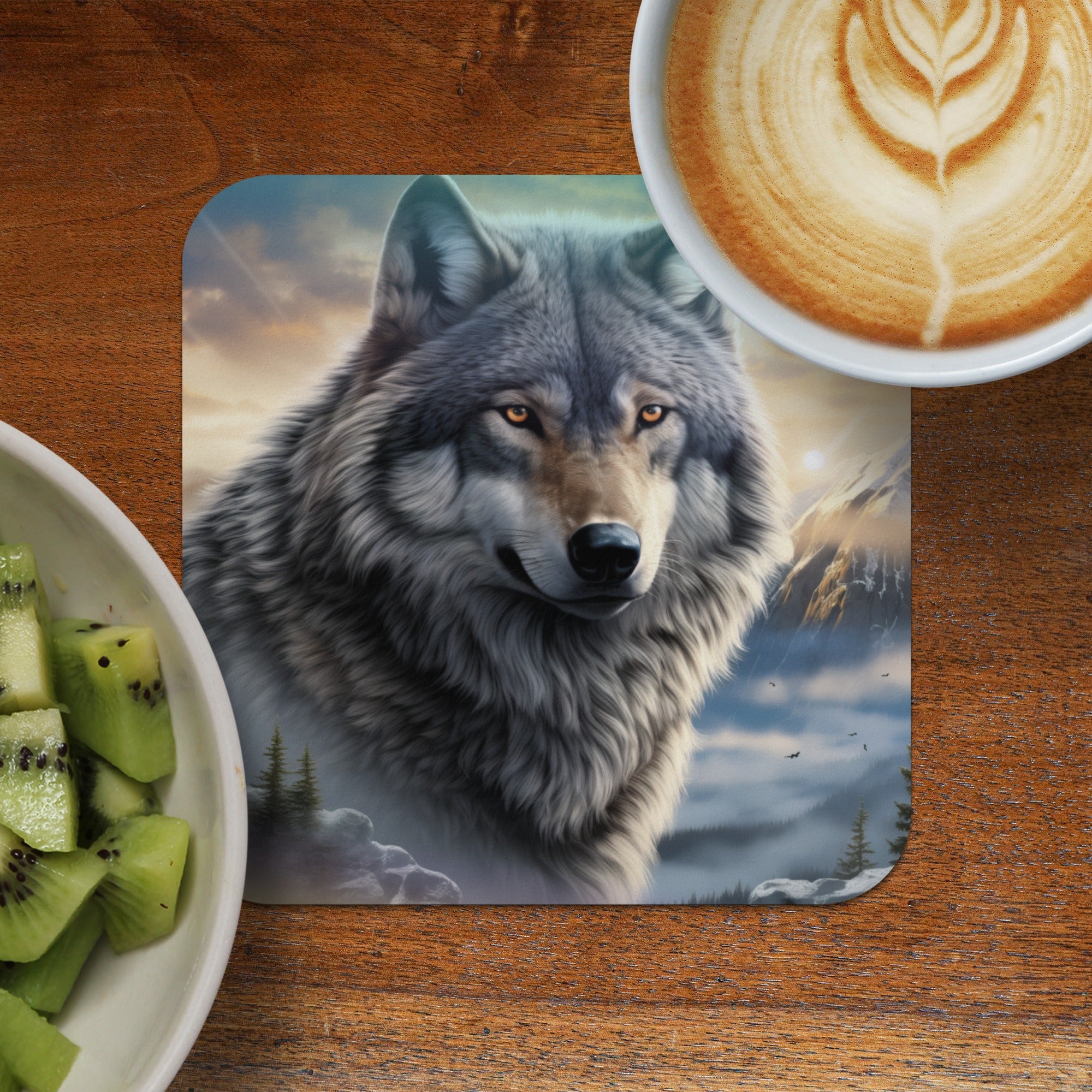 Wolf portrait with mountains, kiwi, and coffee on wooden table.