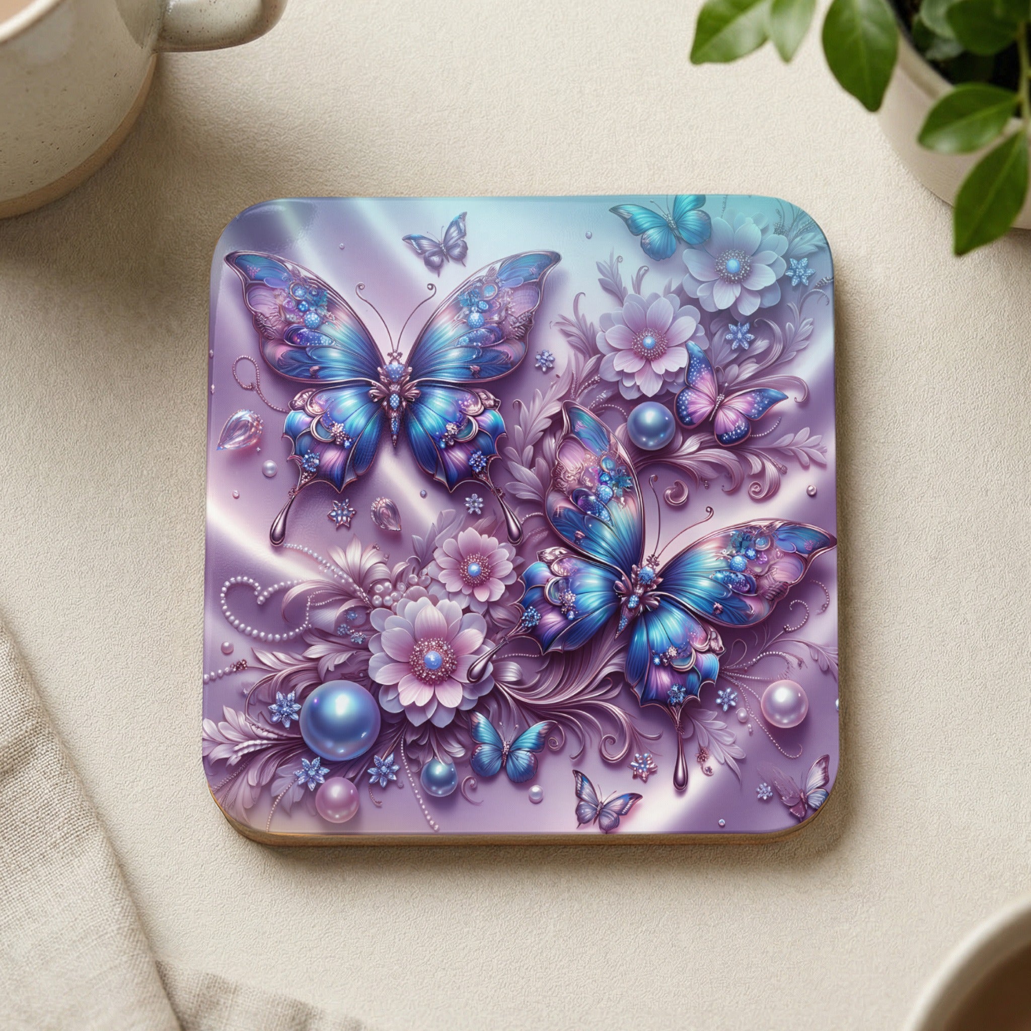 Two ornate blue butterflies on a square coaster with flowers and pearls.