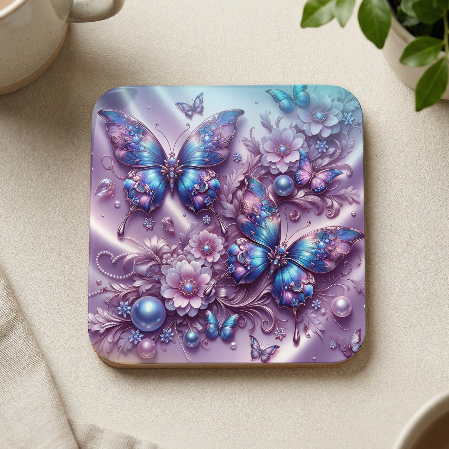 Two ornate blue butterflies on a square coaster with flowers and pearls.