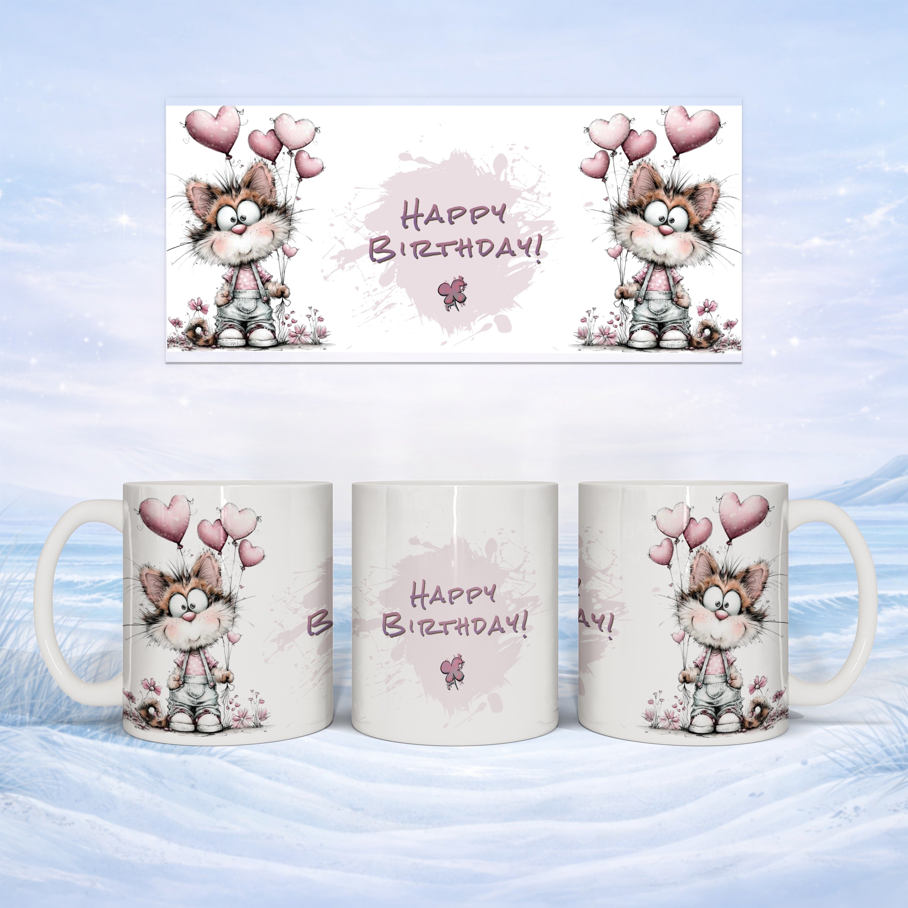 White ceramic mug with cartoon cat holding balloons, "Happy Birthday!" text.