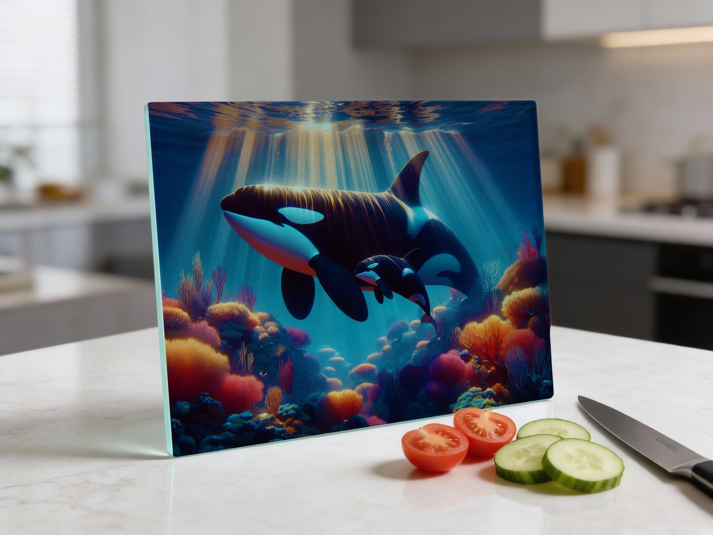 Orca whale and calf swim in colorful coral reef under sunlight.