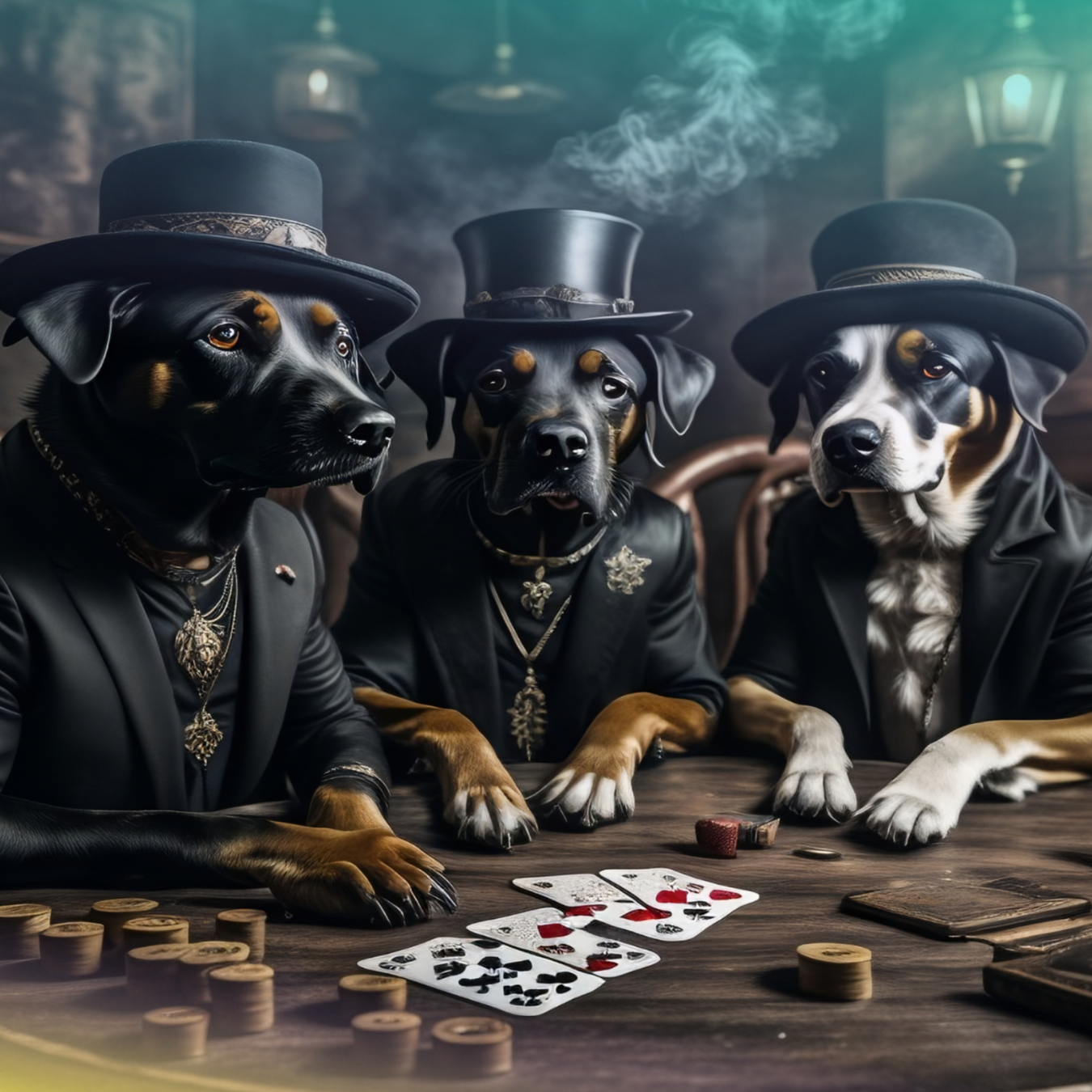 Three dogs in top hats and suits play poker at a table.