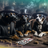 Three dogs in top hats and suits play poker at a table.