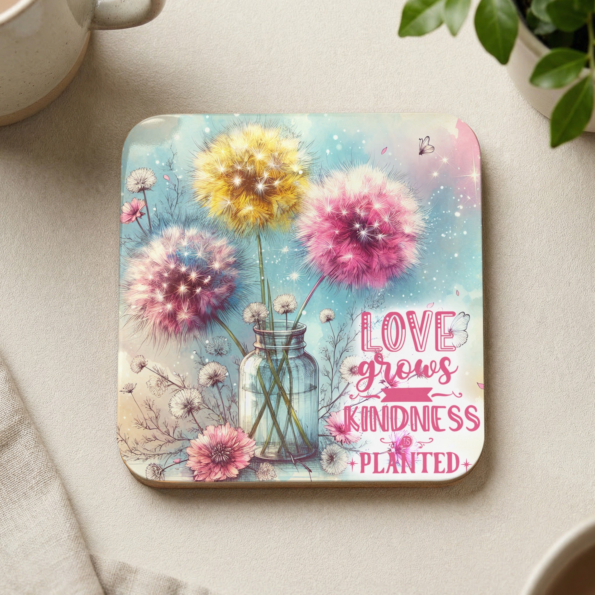 Three fluffy dandelions in a glass vase with "Love Grows Kindness Planted" text.