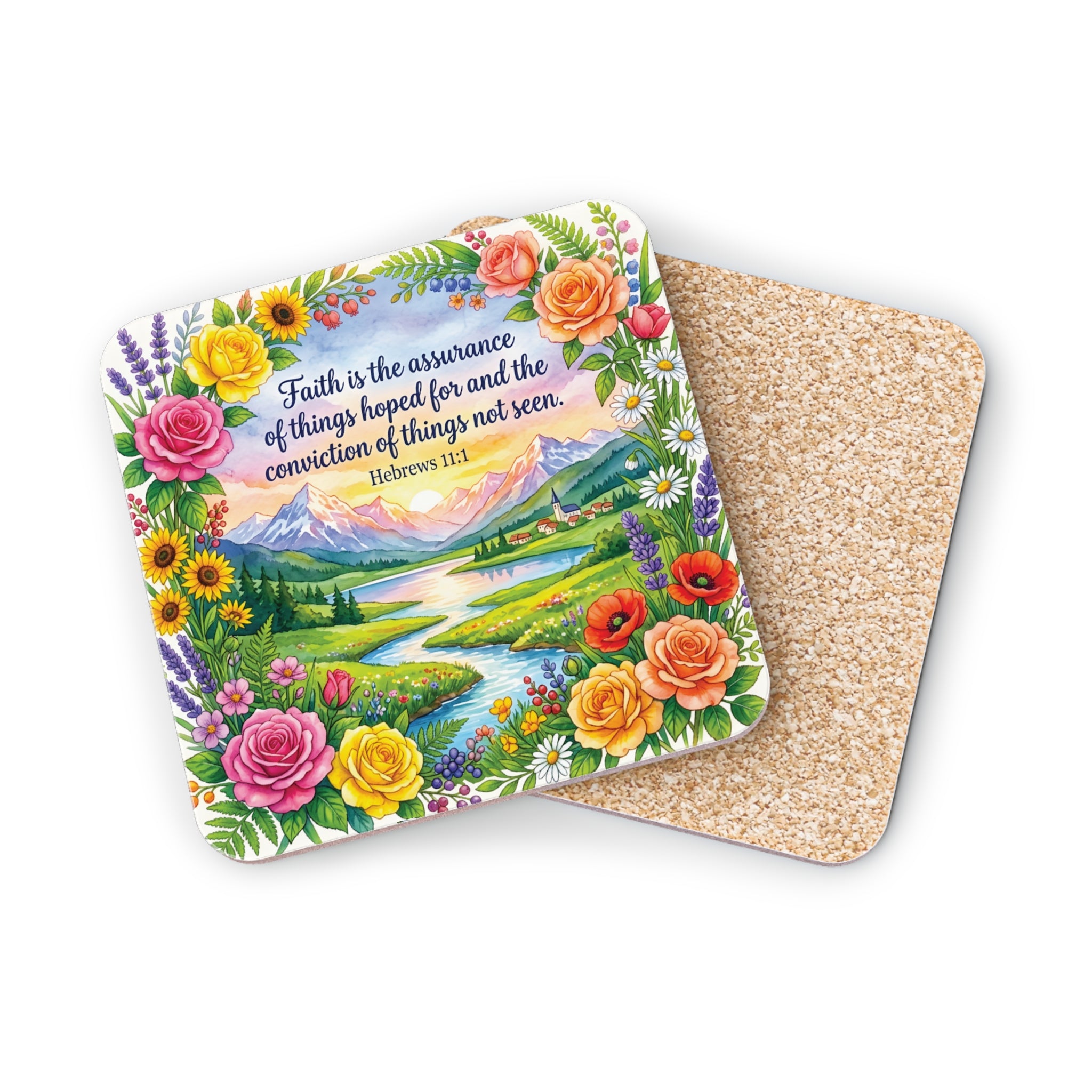Coaster with floral border, landscape, and Hebrews 11:1 Bible verse.