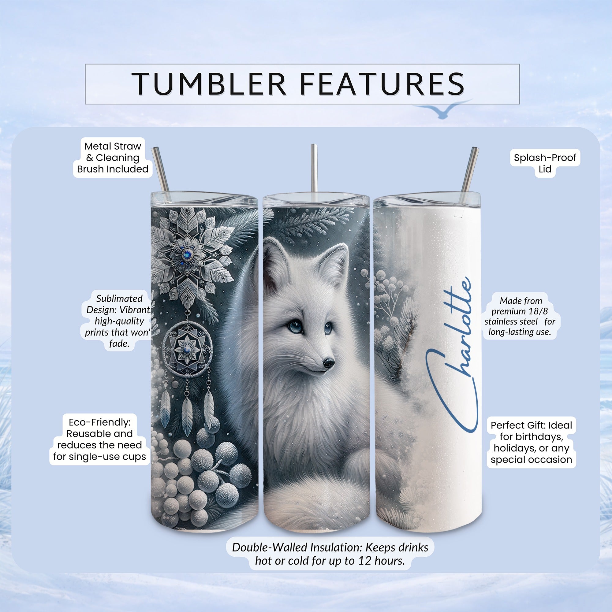 White fox design tumbler with metal straw and cleaning brush.