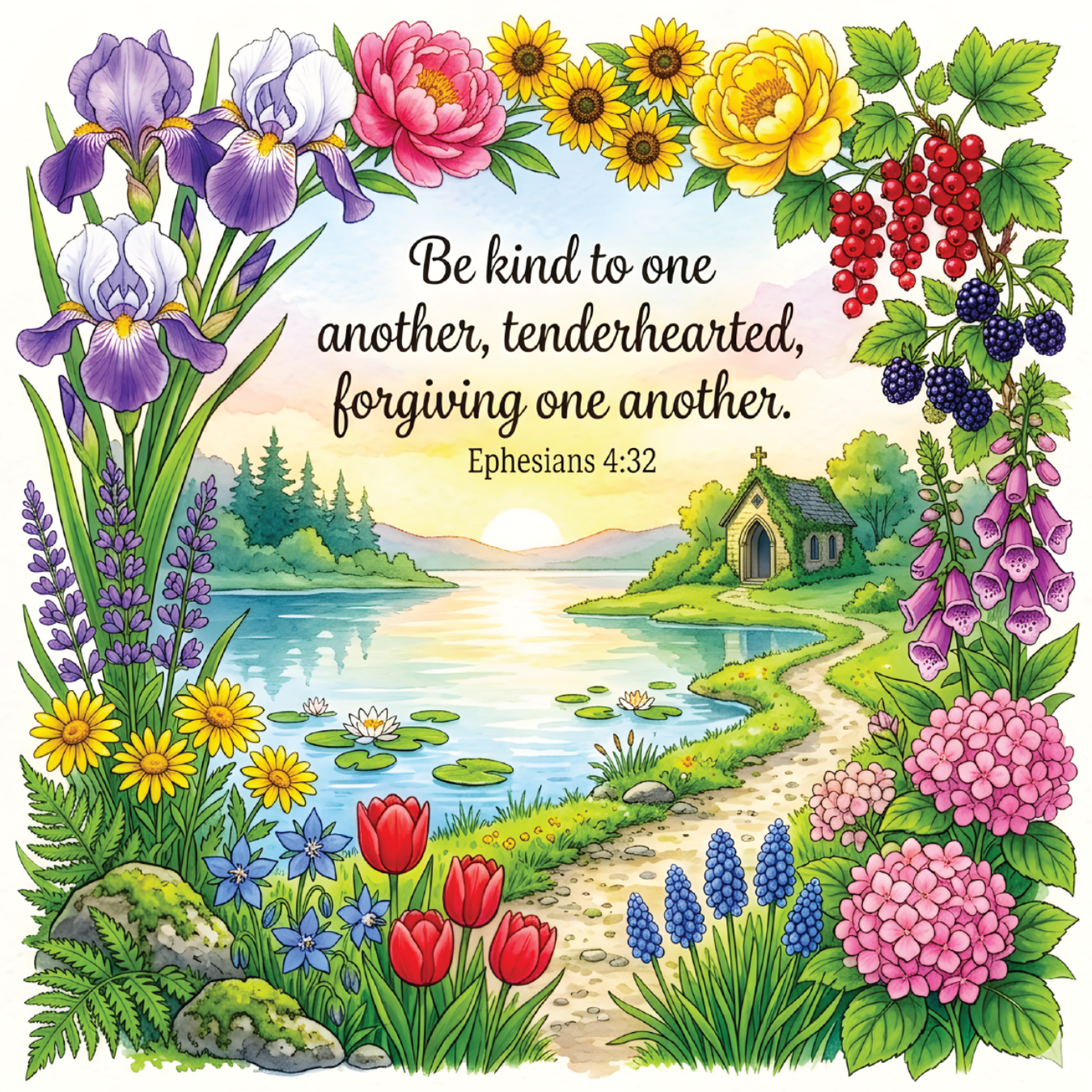 Floral border surrounds a peaceful landscape with a church and the scripture Ephesians 4:32.