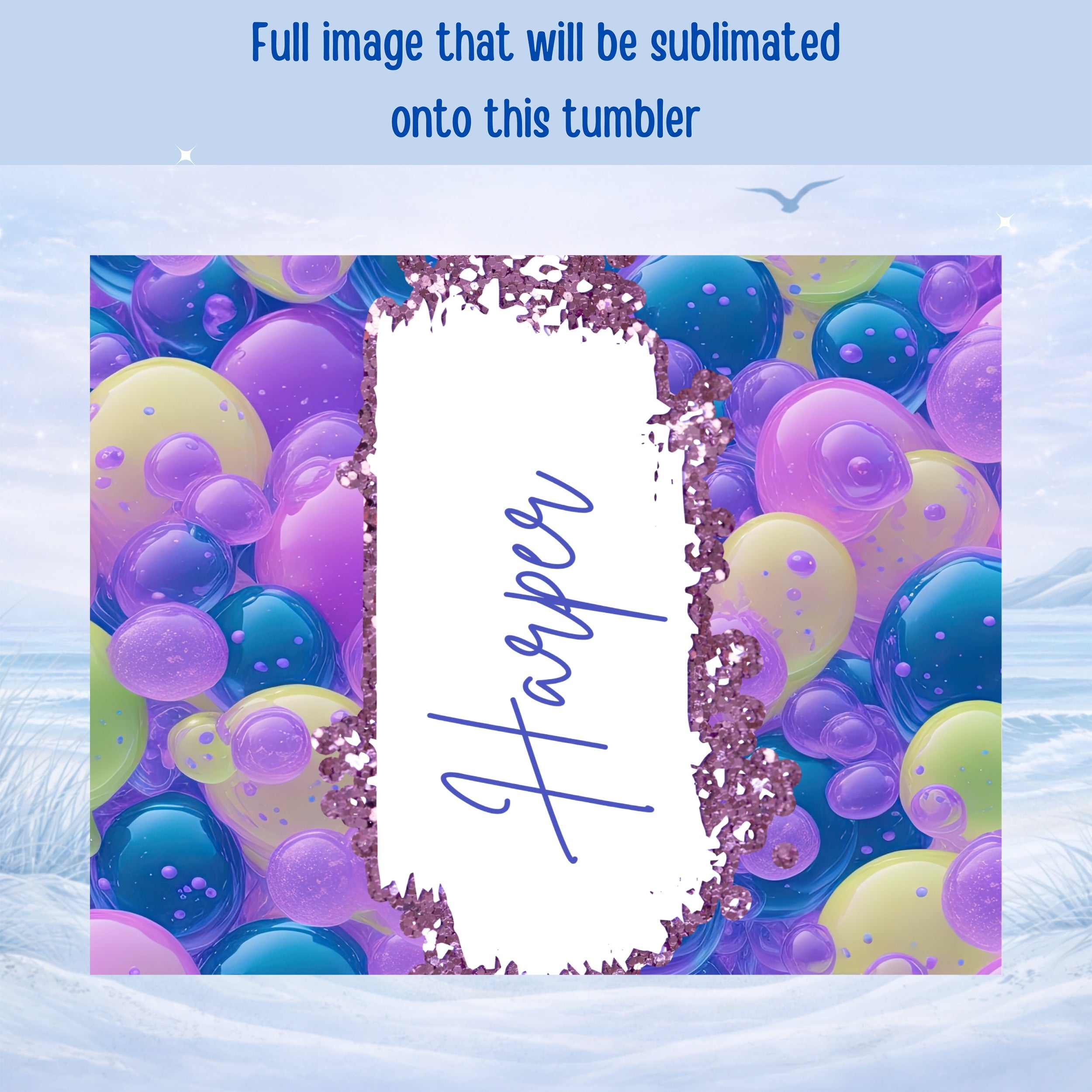 Purple, yellow, and blue glittery bubbles with "Harper" in script on white background.