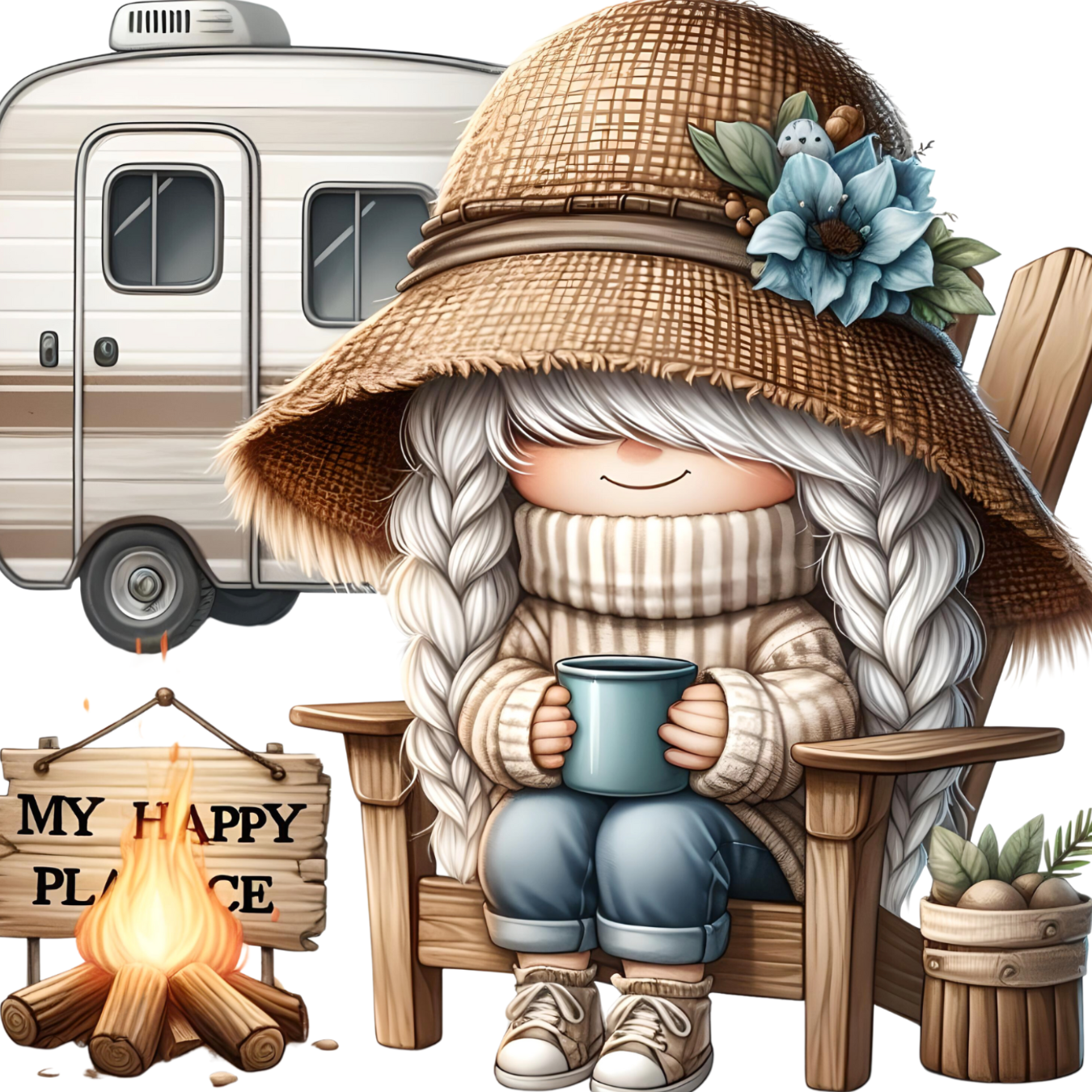 Cozy gnome in a straw hat sips coffee next to a campfire and camper.