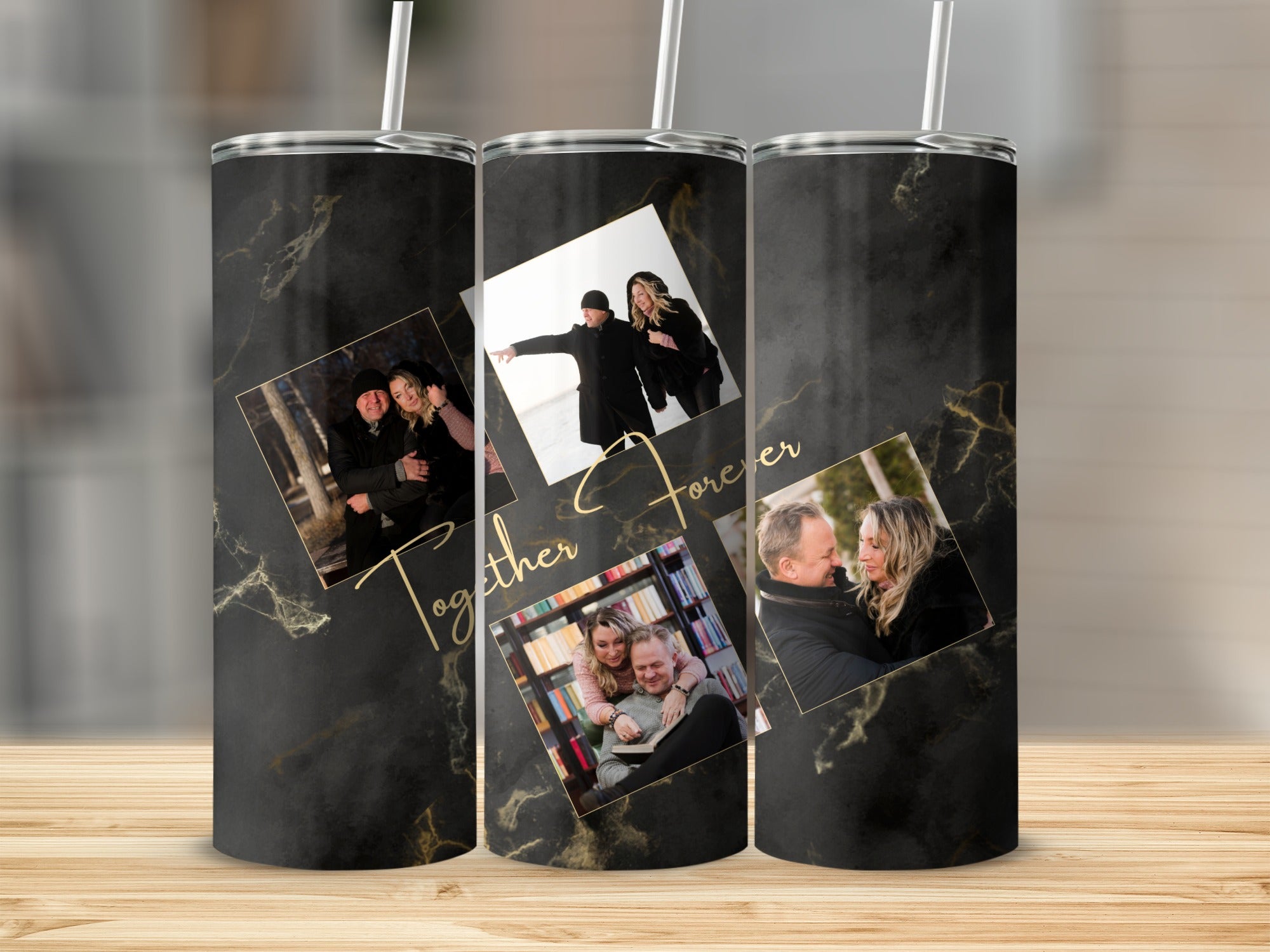 Marble patterned tumbler with three framed couple photos and "Together Forever" text.