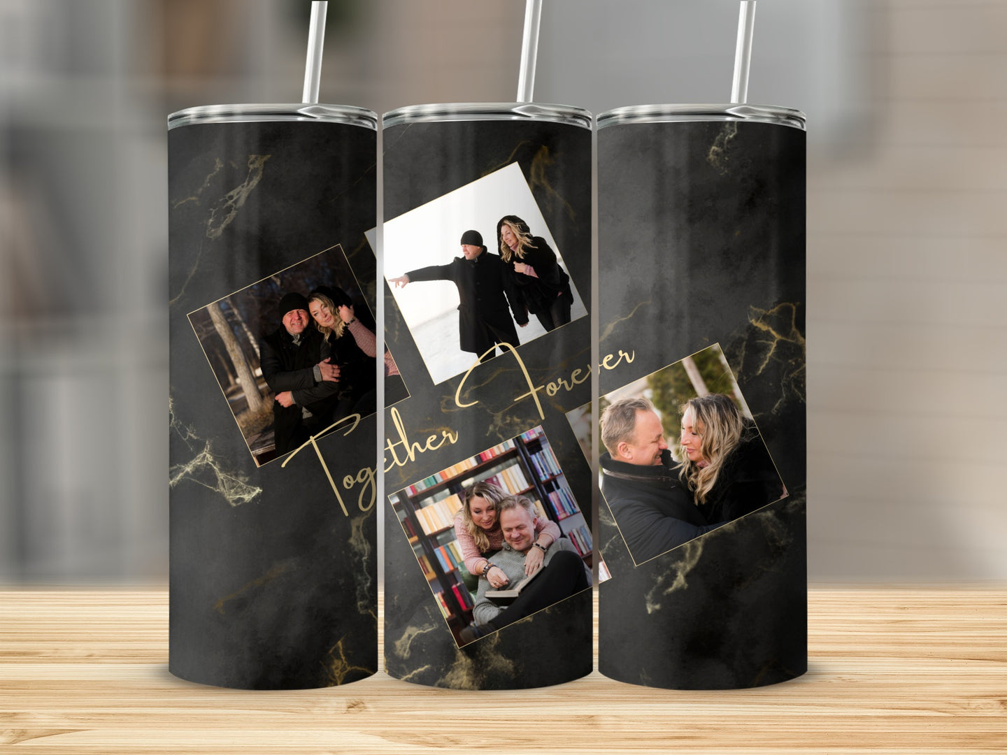 Marble patterned tumbler with three framed couple photos and "Together Forever" text.