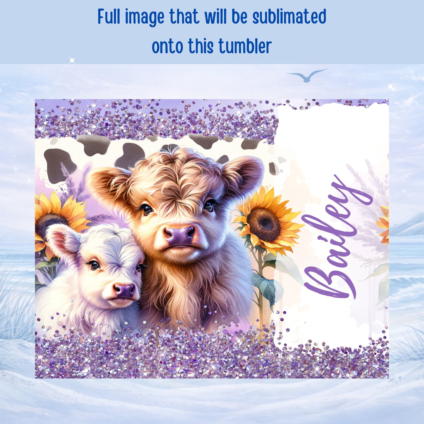 Two fluffy cows, sunflowers, and purple glitter border with "Bailey" text.