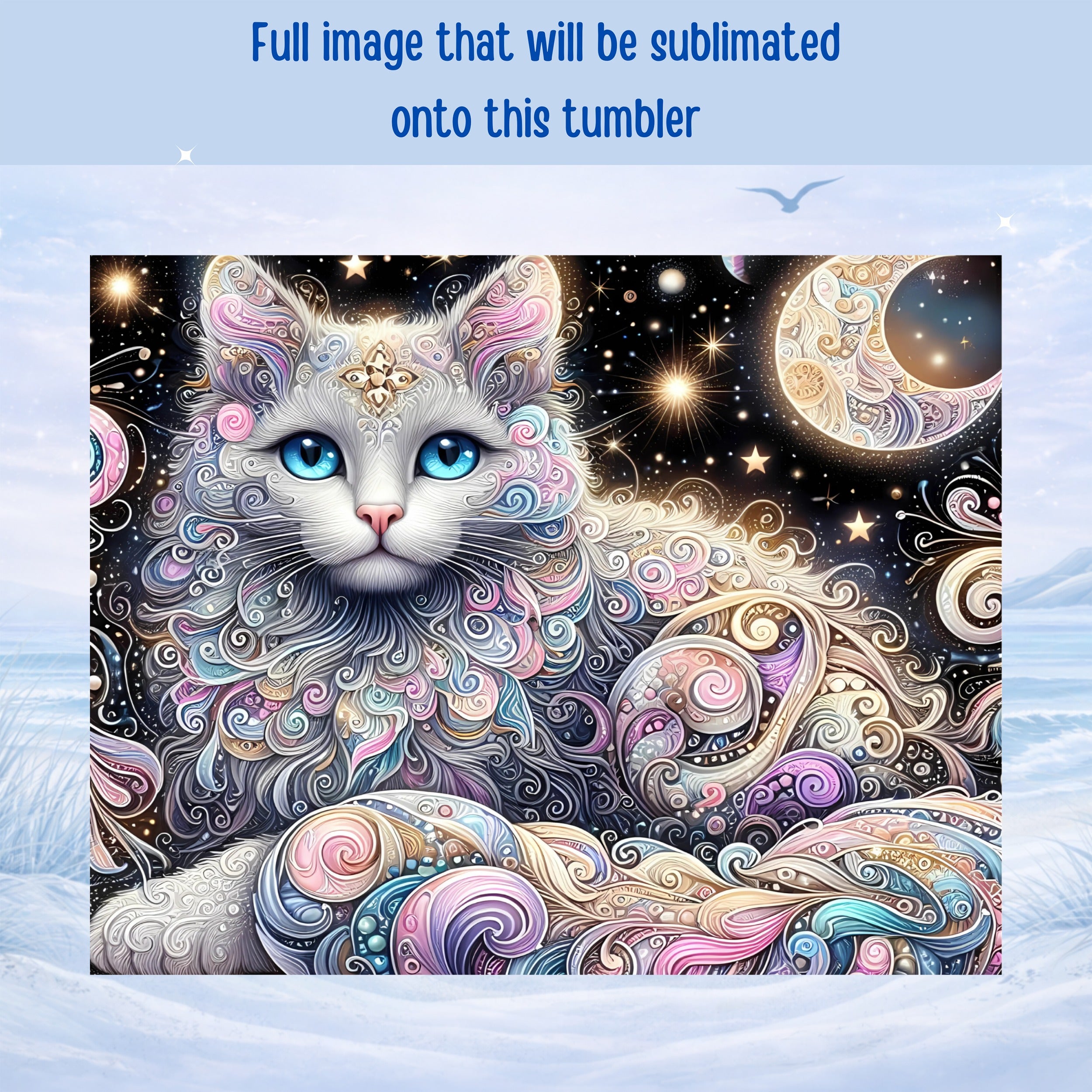 Whimsical cat with intricate swirls and celestial moon design.