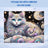 Whimsical cat with intricate swirls and celestial moon design.