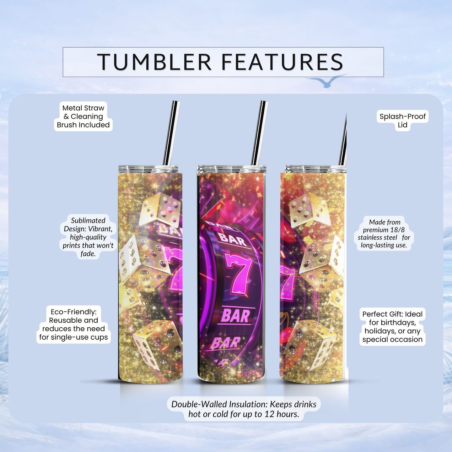 dice casino tumbler gold glitter