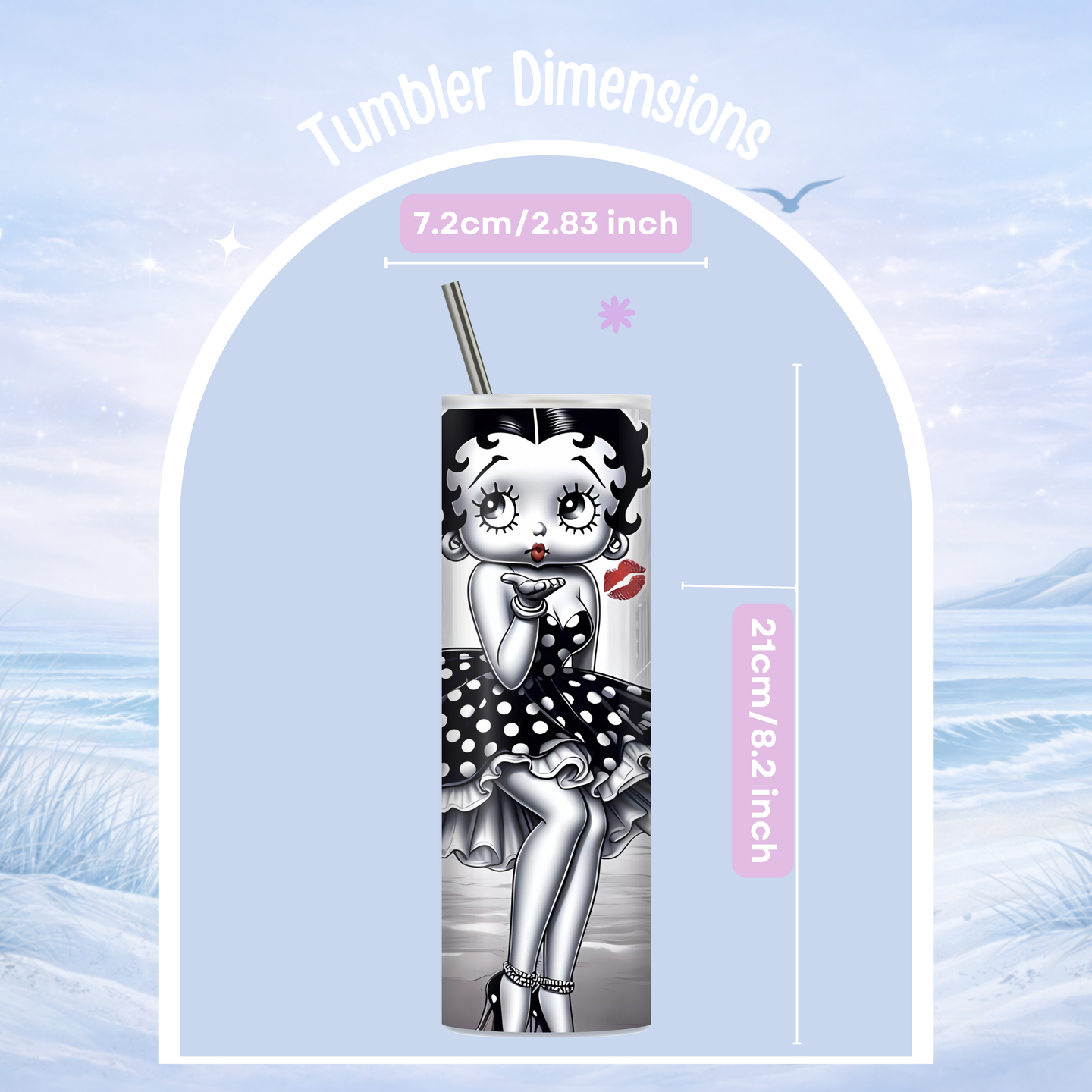 Tumbler with Betty Boop design and dimensions on a light blue background