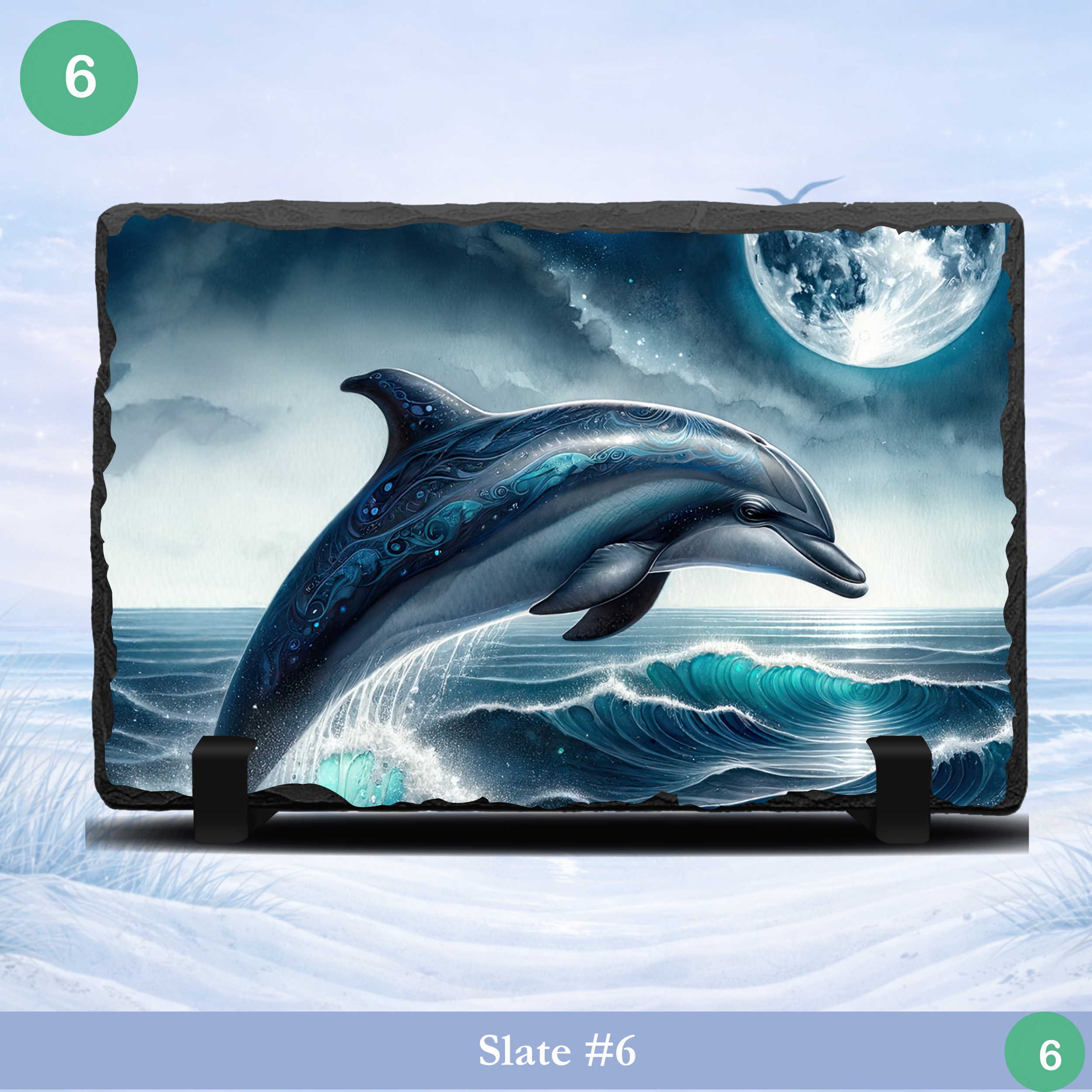 dolphin jumping waves slate moon ocean scene marine life decor stone