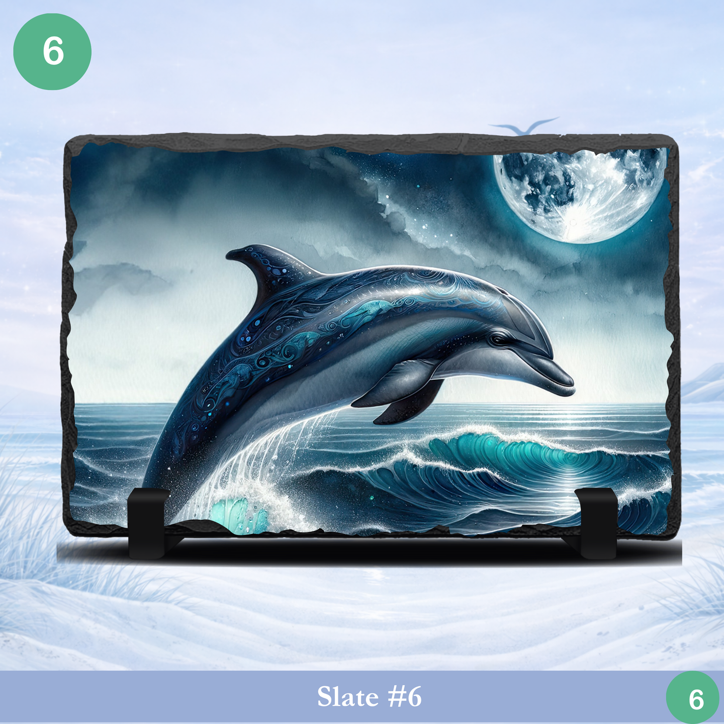 dolphin jumping waves slate moon ocean scene marine life decor stone