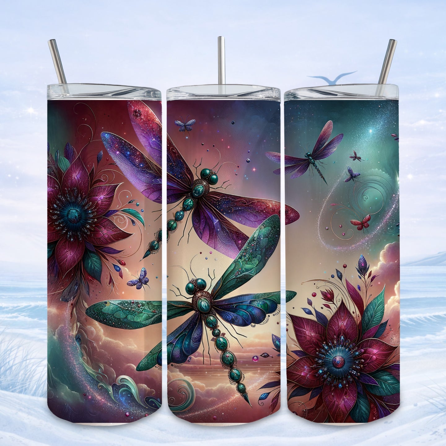 dragonfly floral tumbler celestial design