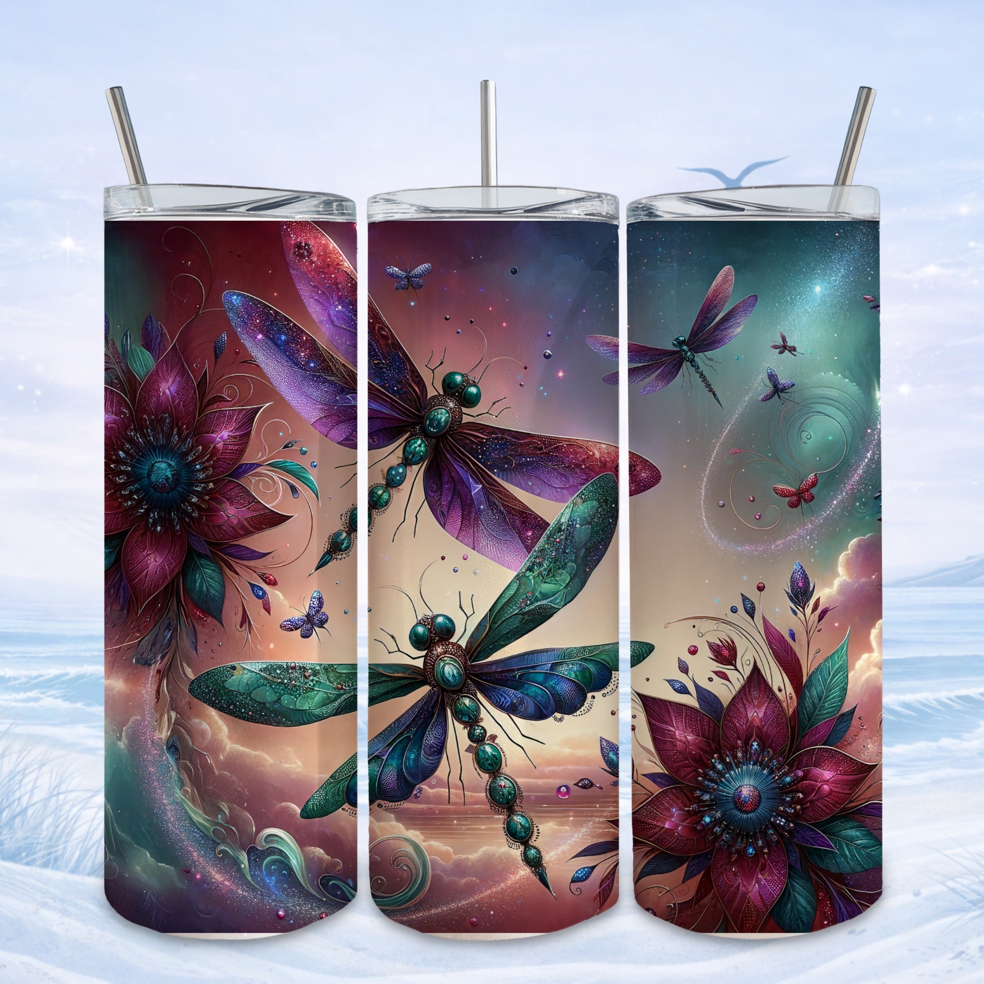 dragonfly floral tumbler celestial design