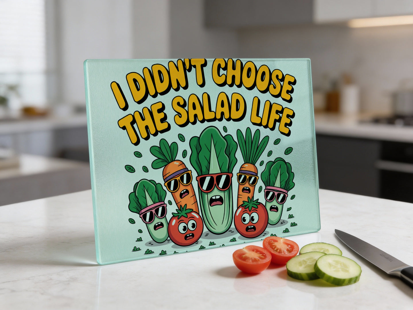 Cutting board with cartoon vegetables and text "I didn't choose the salad life".