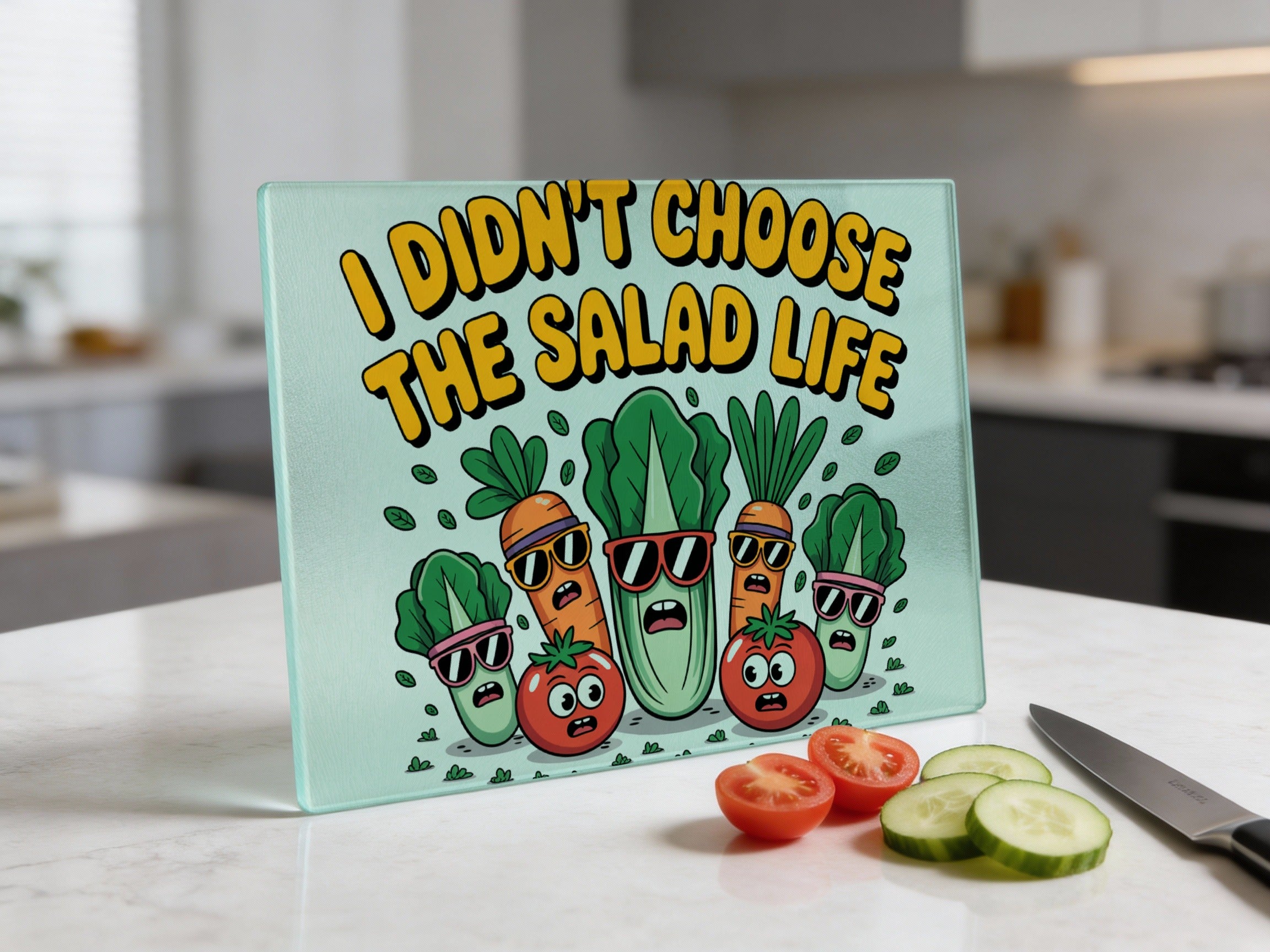 Cutting board with cartoon vegetables and text "I didn't choose the salad life".