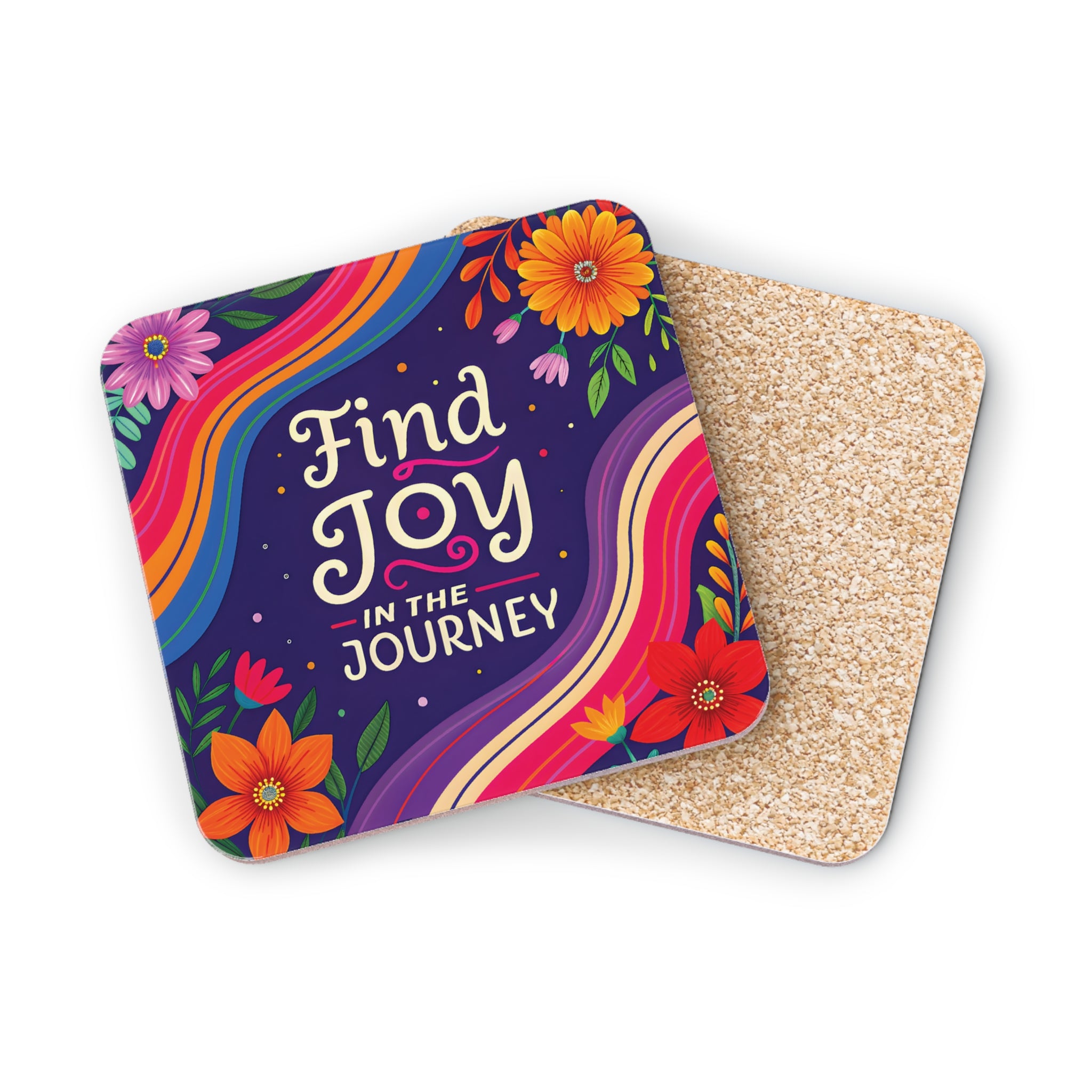 Coasters with colorful floral design and "Find Joy In The Journey" text.
