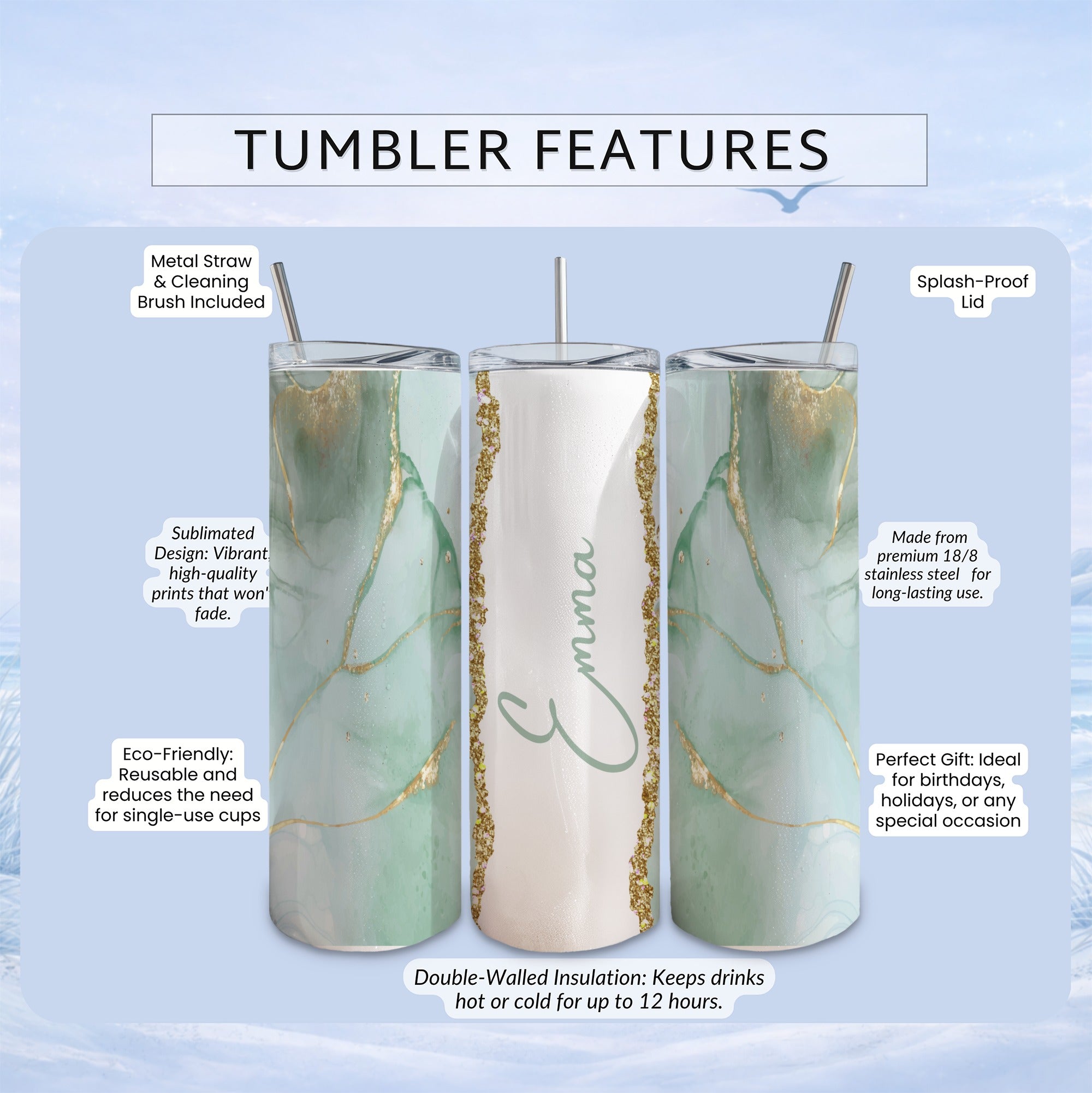 Sublimated 20oz tumbler with marble design and personalized text.