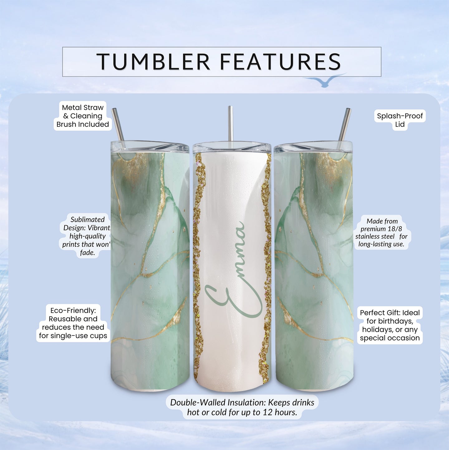 Sublimated 20oz tumbler with marble design and personalized text.